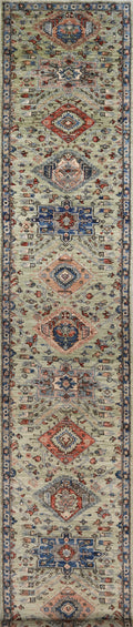18 Ft Green Oriental Runner Rug - Hand Knotted Afghan Runner