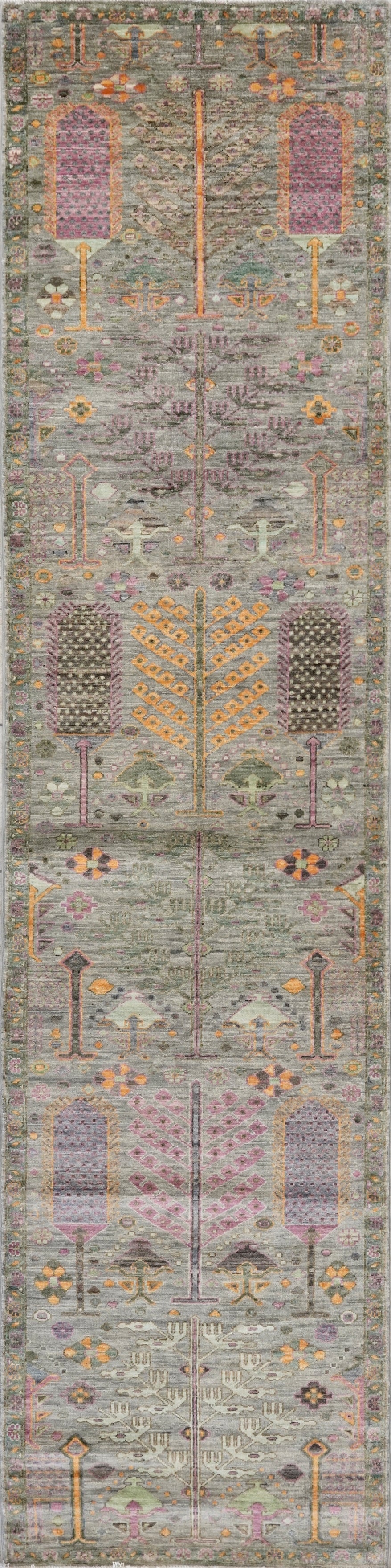 12 Ft Green Floral Runner Rug - Afghan Hand Knotted Rug