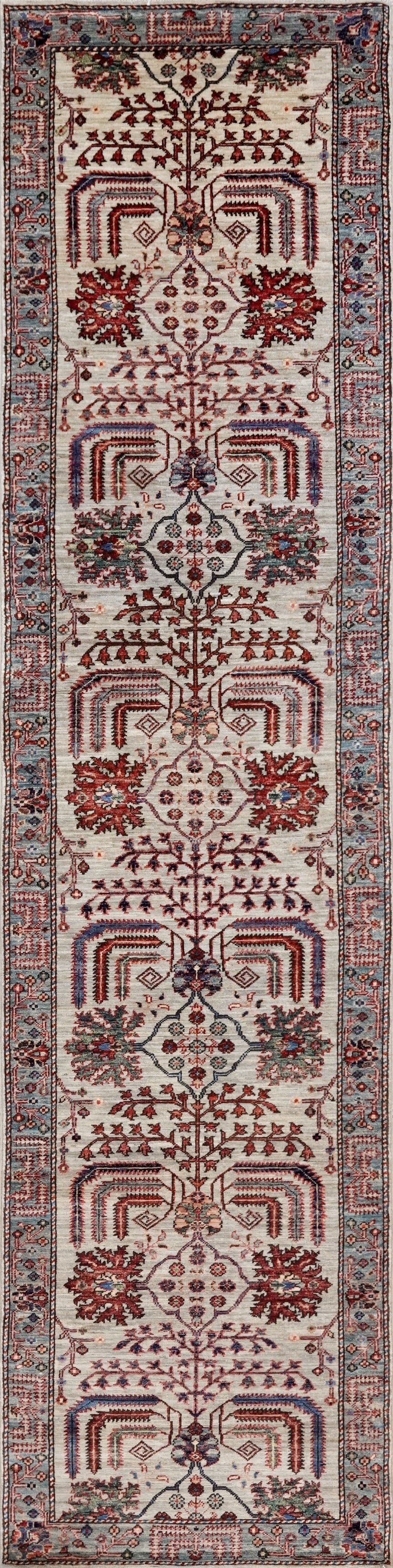 12 Ft Silver Floral Runner Rug - Afghan Hand Knotted Rug