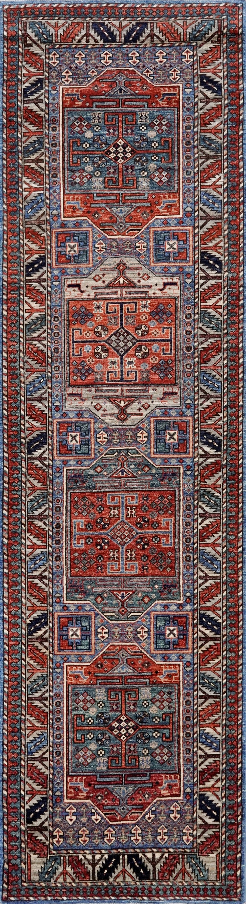 10 Ft Blue Oriental Runner Rug - Hand Knotted Afghan Rug