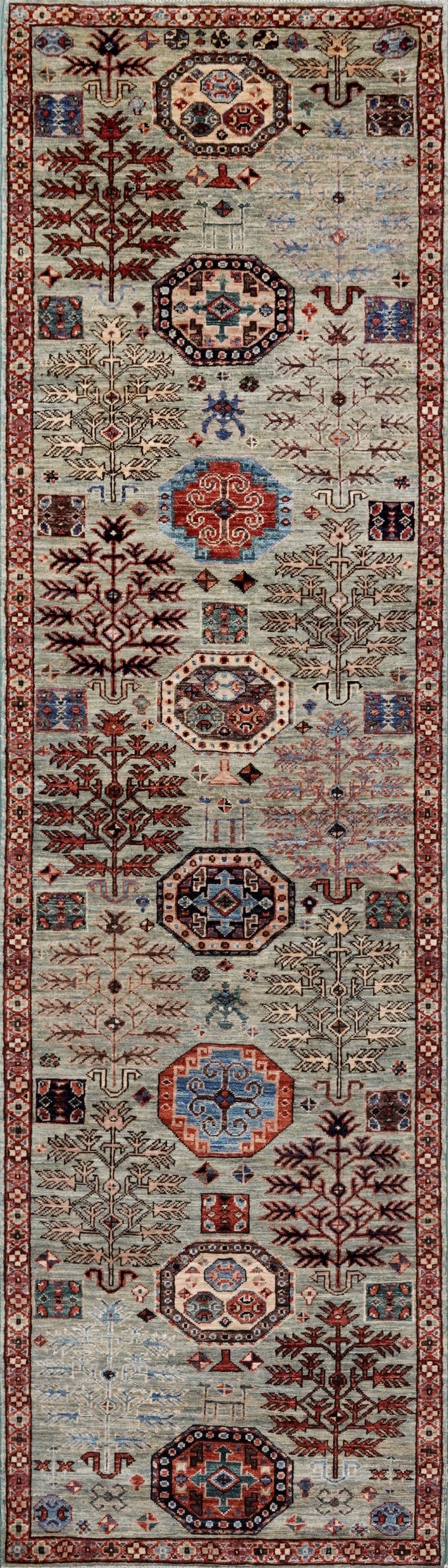 10 Ft Blue Green Oriental Runner Rug - Hand Knotted Afghan Rug