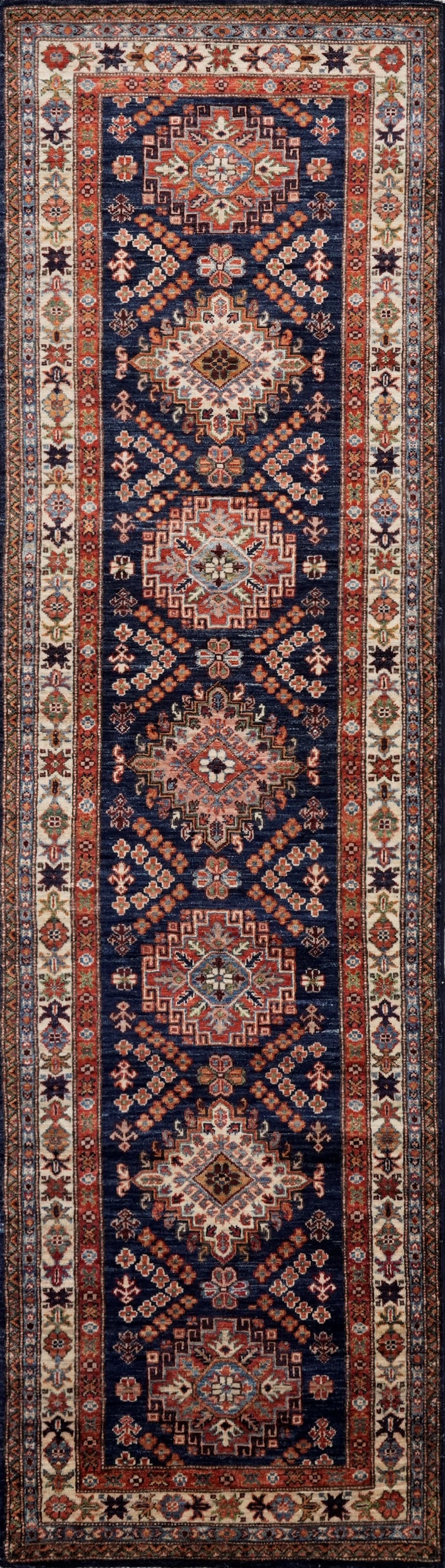 10 Ft Blue Kazak Runner Rug - Hand Knotted Hallway Rug