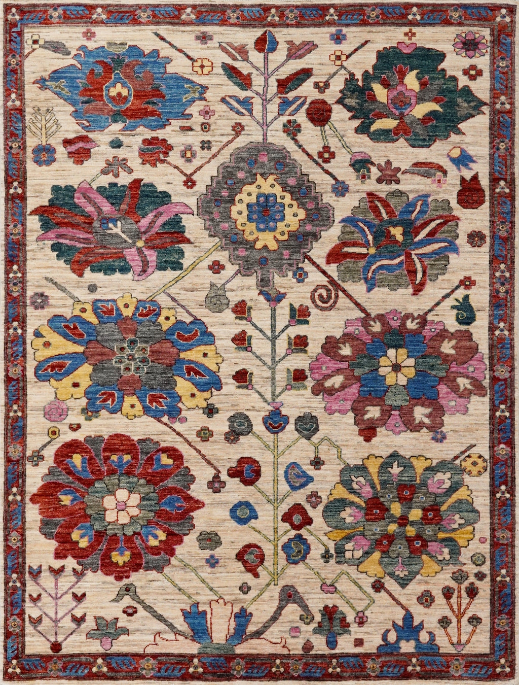 5x7 Ft Red & Beige Floral Rug - Afghan Hand Knotted Rug