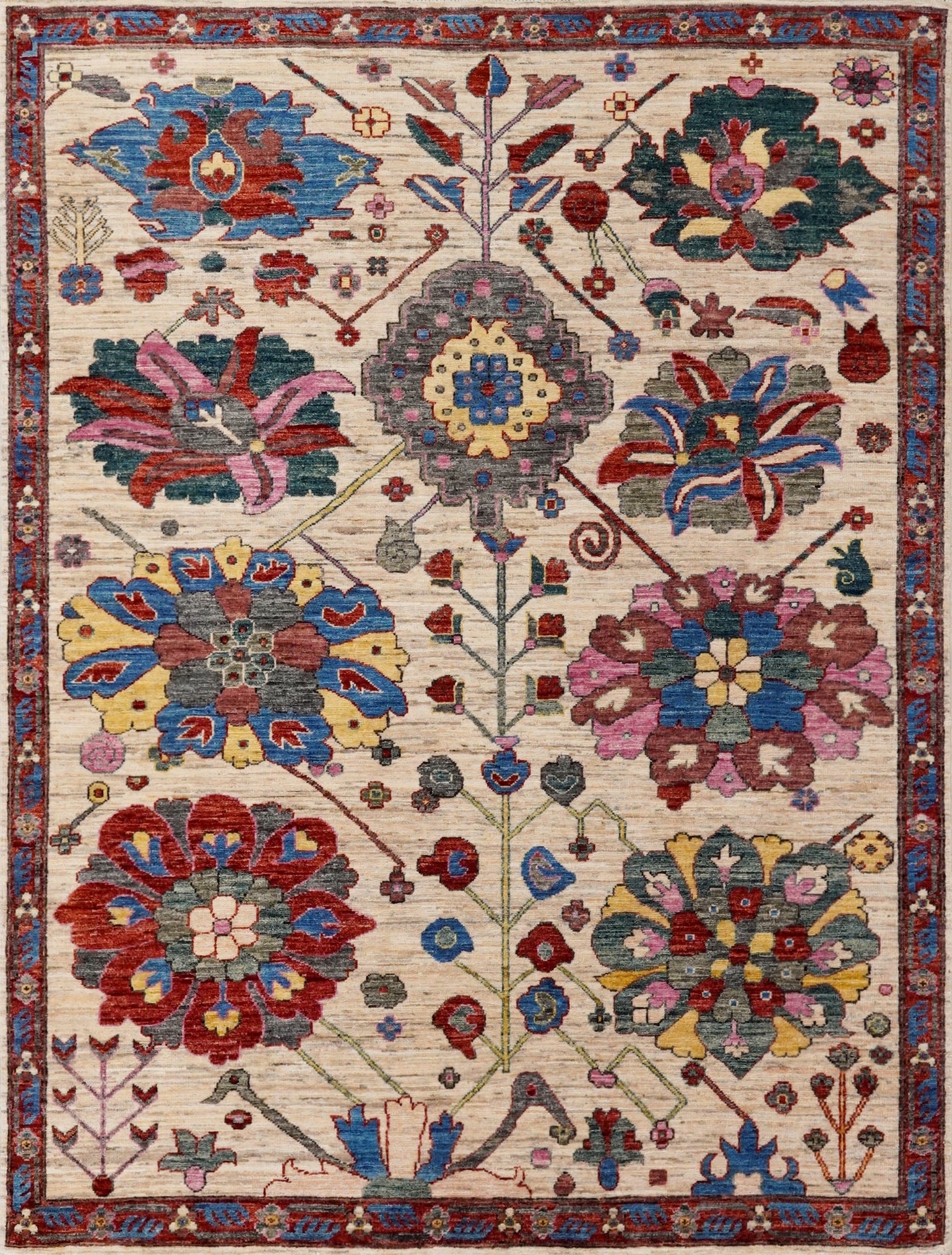 5x7 Ft Red & Beige Floral Rug - Afghan Hand Knotted Rug