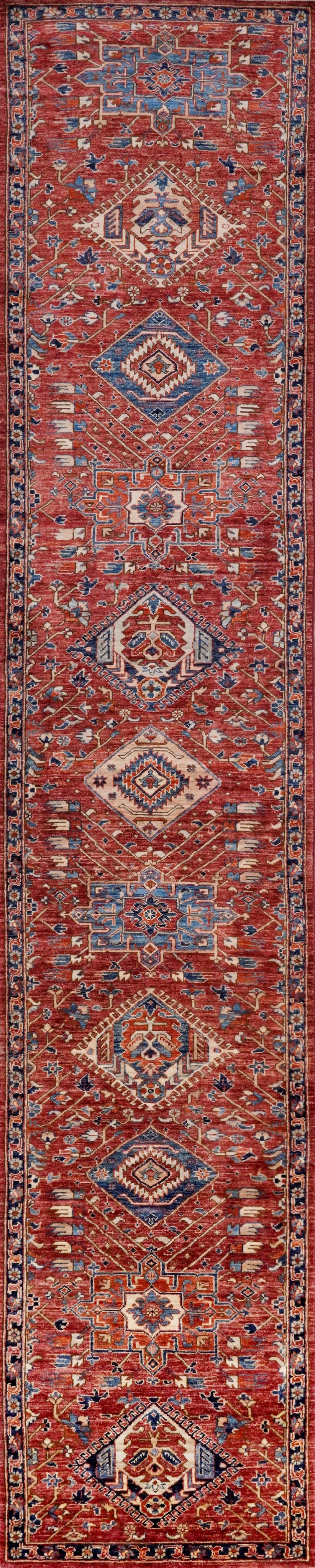 14 Ft Red Afghan Oriental Runner Rug - Hand Knotted Wool Rug