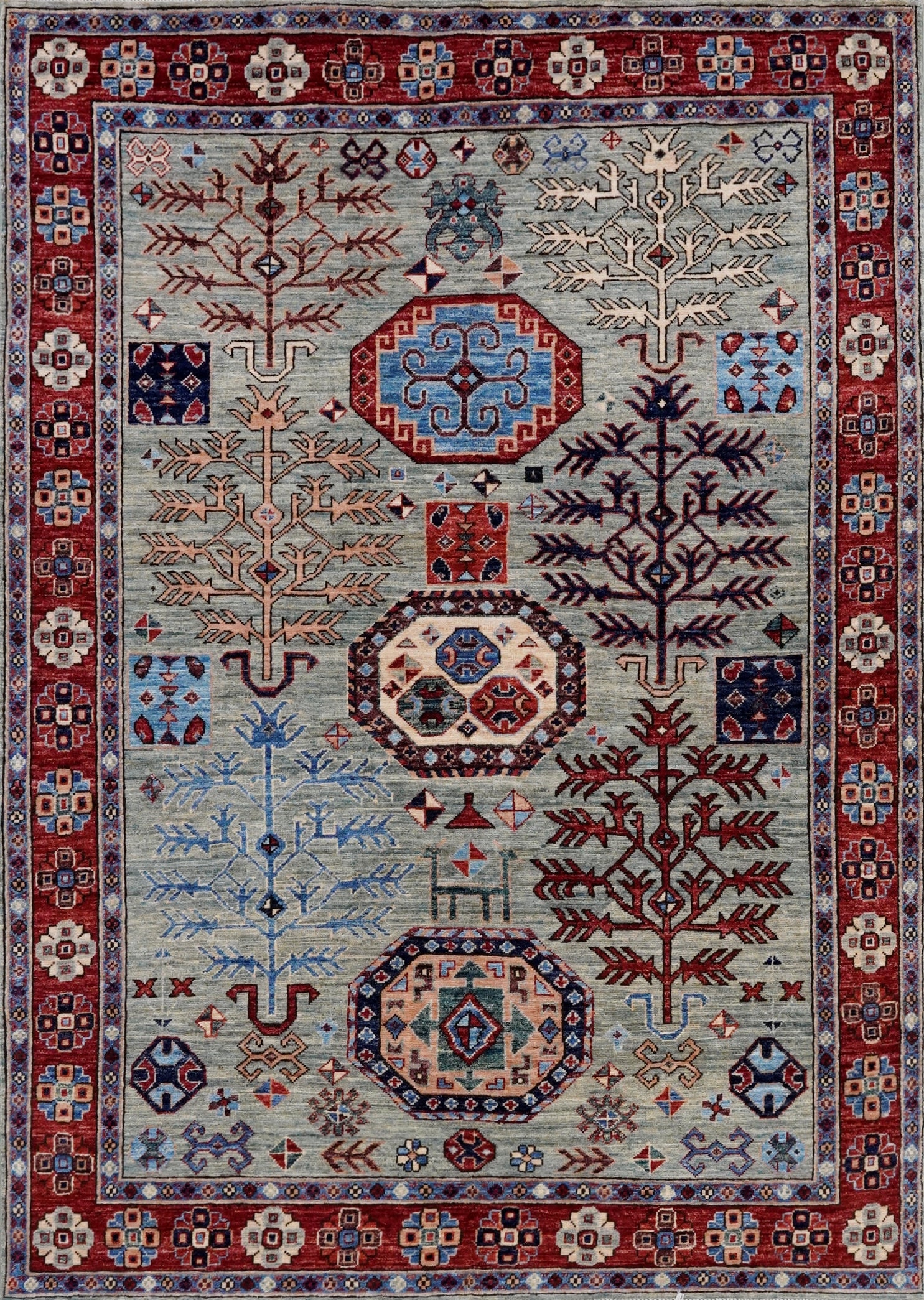 5x7 Ft Green Oriental Rug - Hand Knotted Afghan Rug - Floral Design