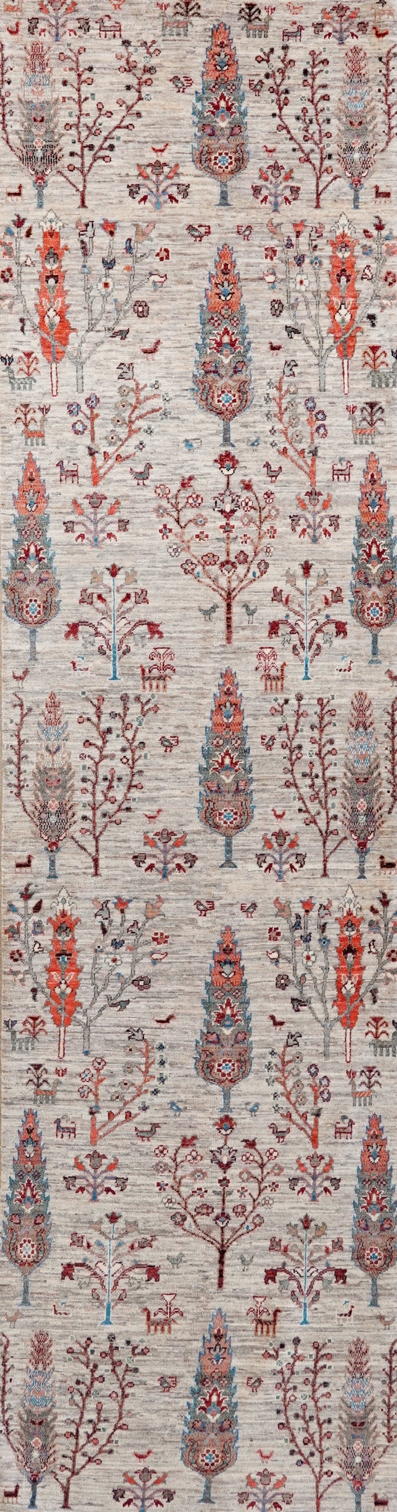 11 Ft Beige Afghan Runner Rug - Hand Knotted Hallway Rug - Floral Design