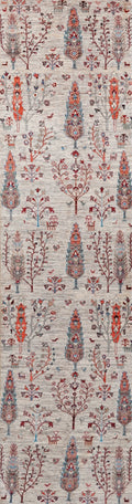 11 Ft Beige Afghan Runner Rug - Hand Knotted Hallway Rug - Floral Design