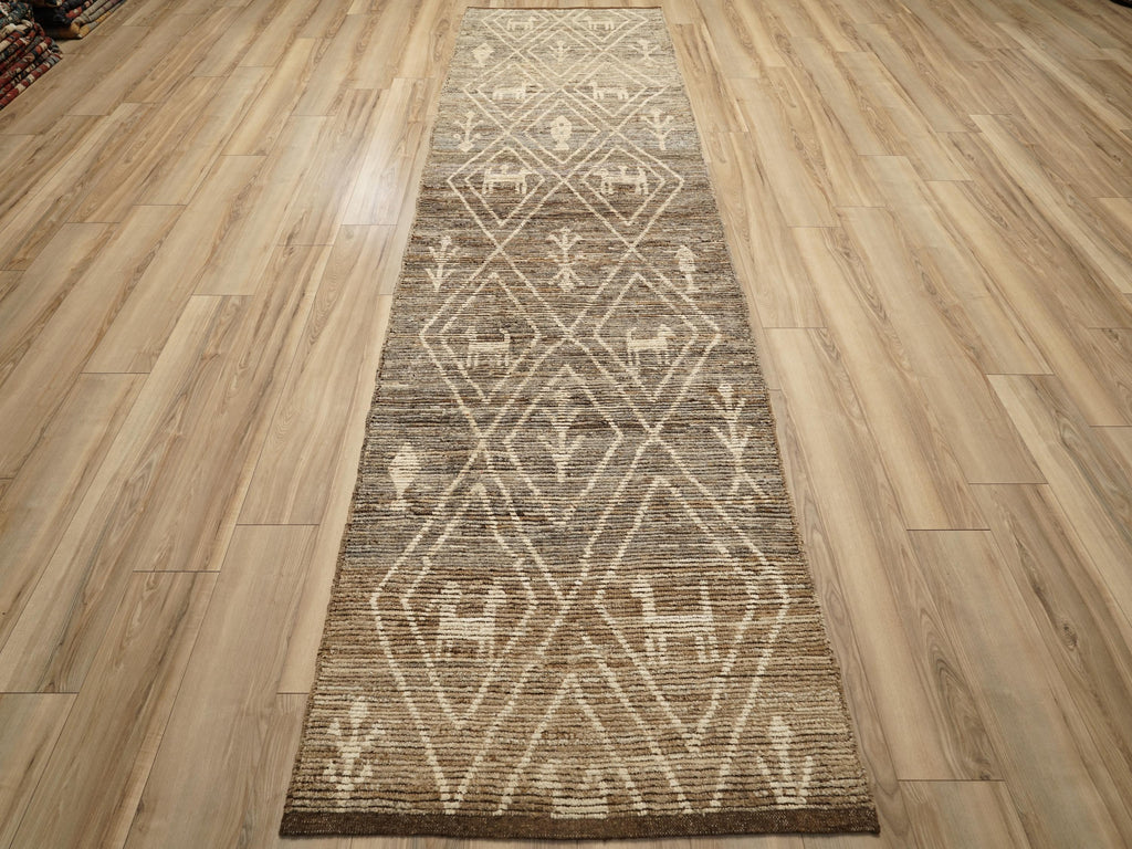 13 Ft Hand Knotted Brown Runner Rug - Moroccan Rug