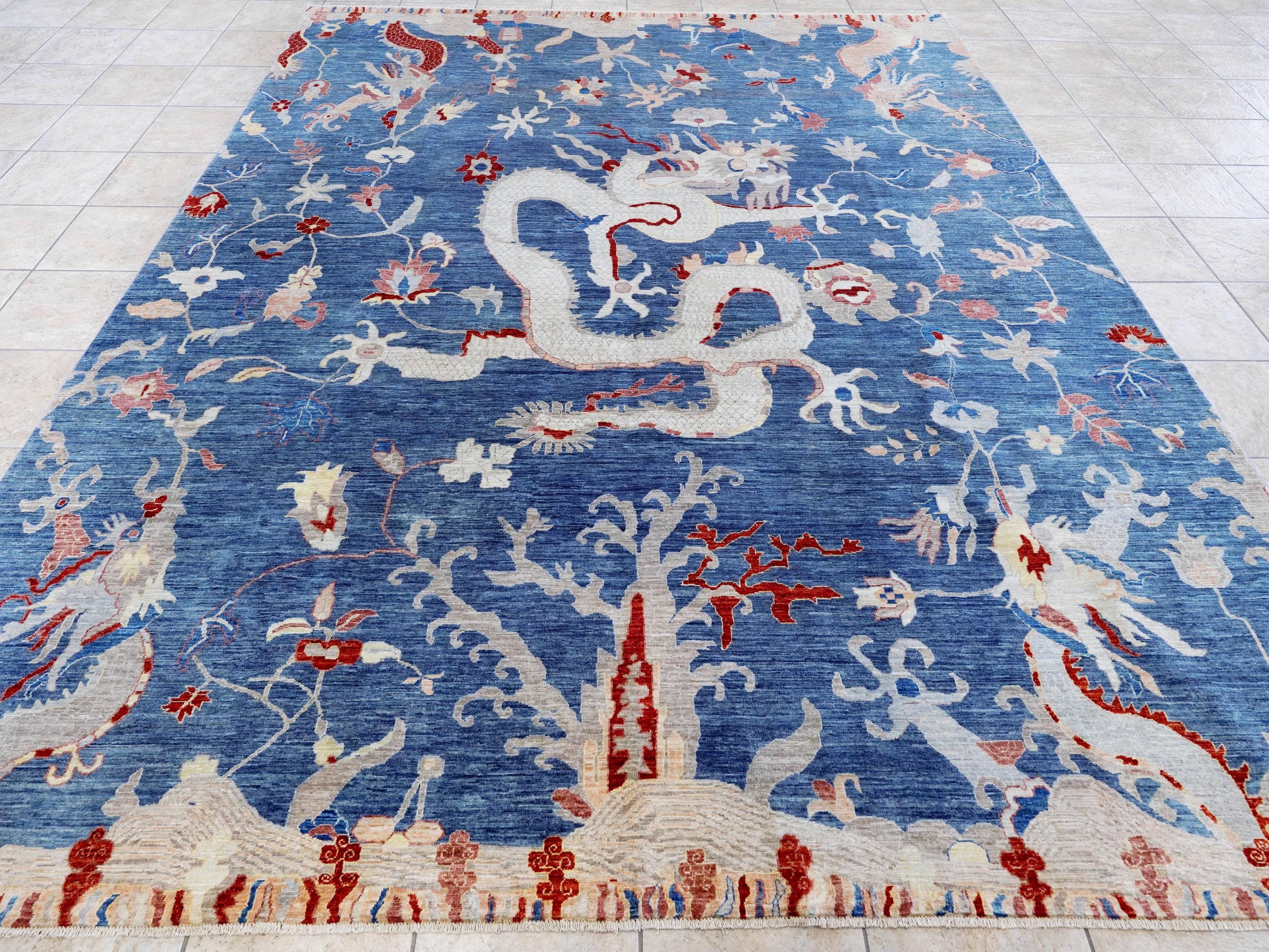 9x12 Ft Blue Dragon Rug - Afghan Oriental Area Rug