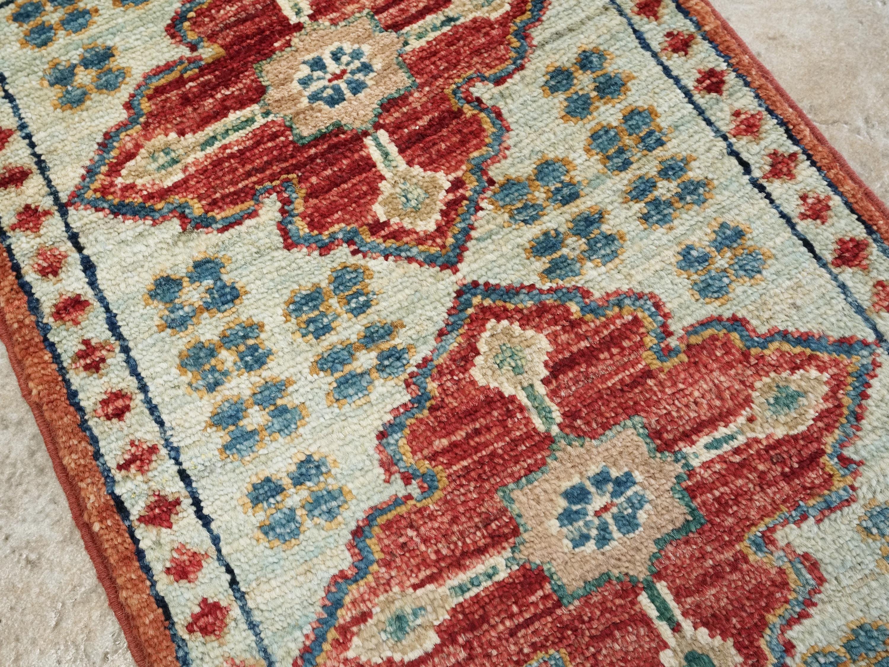 1x2 Ft Hand Knotted Heriz Rug - Blue & Red Afghan Wool