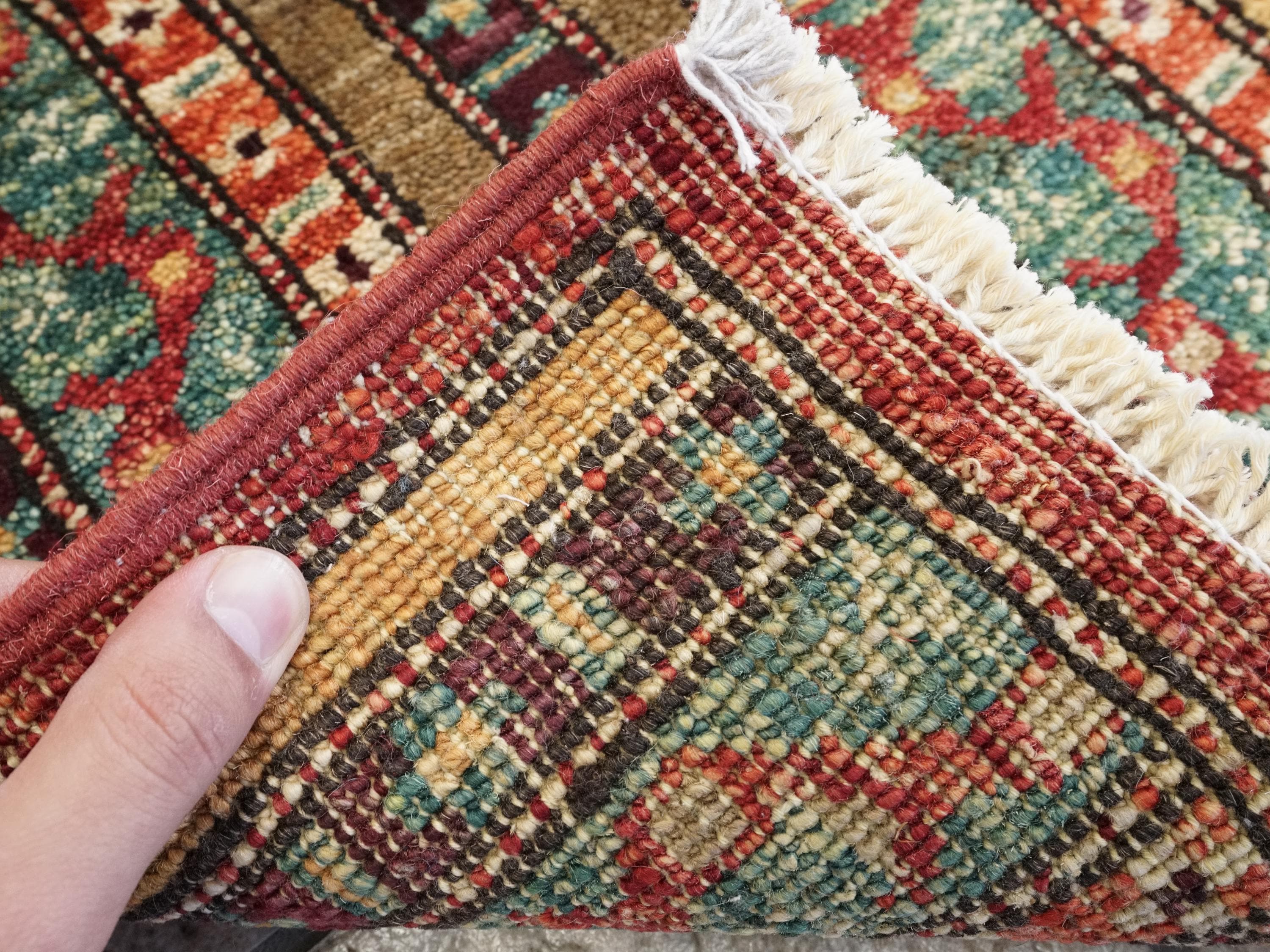 1x2 Ft Hand Knotted Heriz Rug - Red & Green Afghan Wool