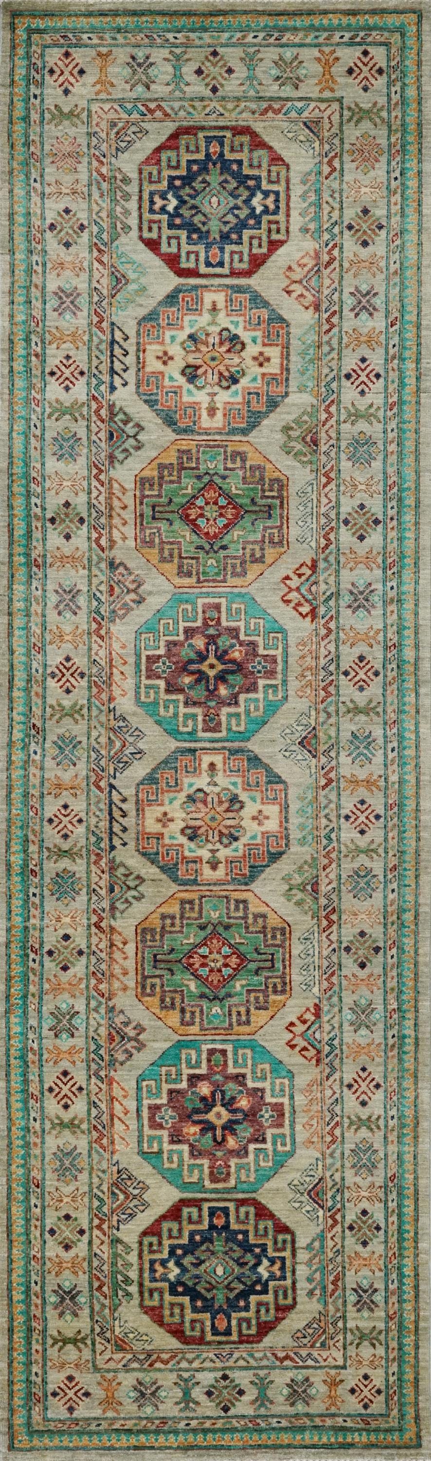 9 Ft Light Green Ersari Runner Rug - Hand Knotted Hallway Rug - Turkmen Design