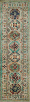 9 Ft Light Green Ersari Runner Rug - Hand Knotted Hallway Rug - Turkmen Design