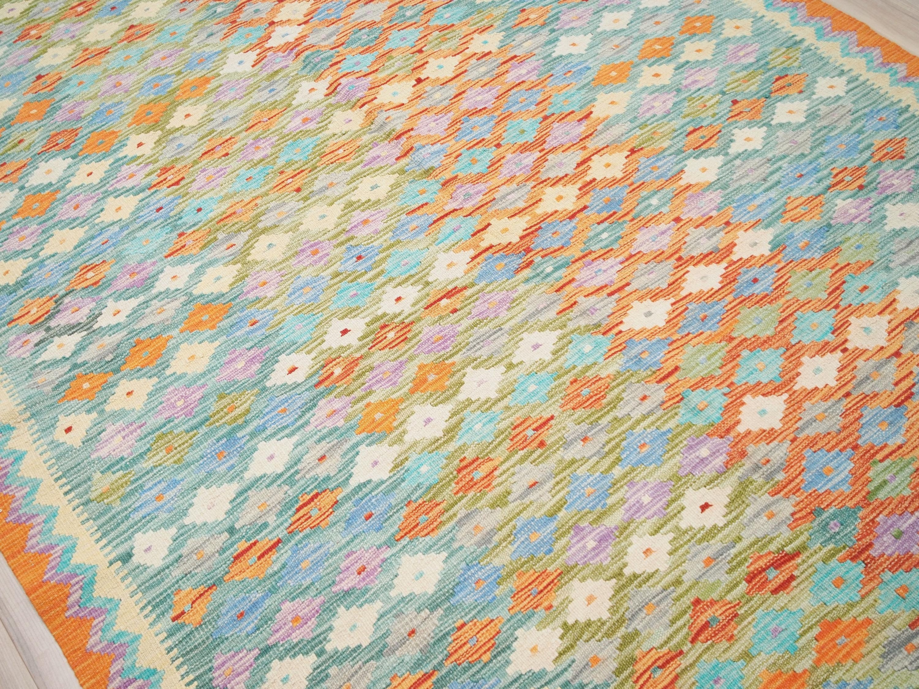 6x8 Ft Orange & Green Kilim Rug - Geometric Flatweave
