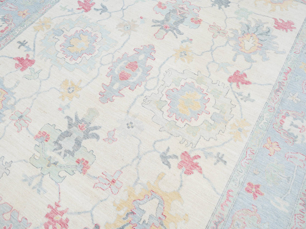 9x12 Ft White Pastel Oushak Rug - Handmade Area Rug - Floral Design