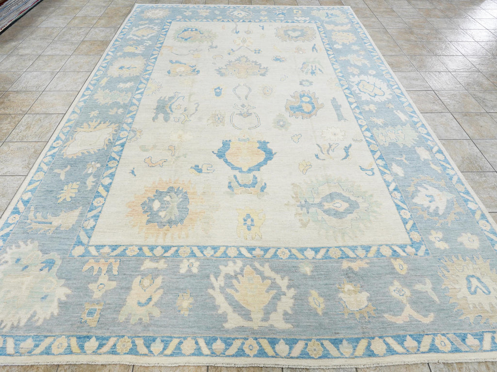 10x14 Ft Muted Blue & Orange Oushak Rug - Hand Knotted Afghan Rug - Turkish Floral Design
