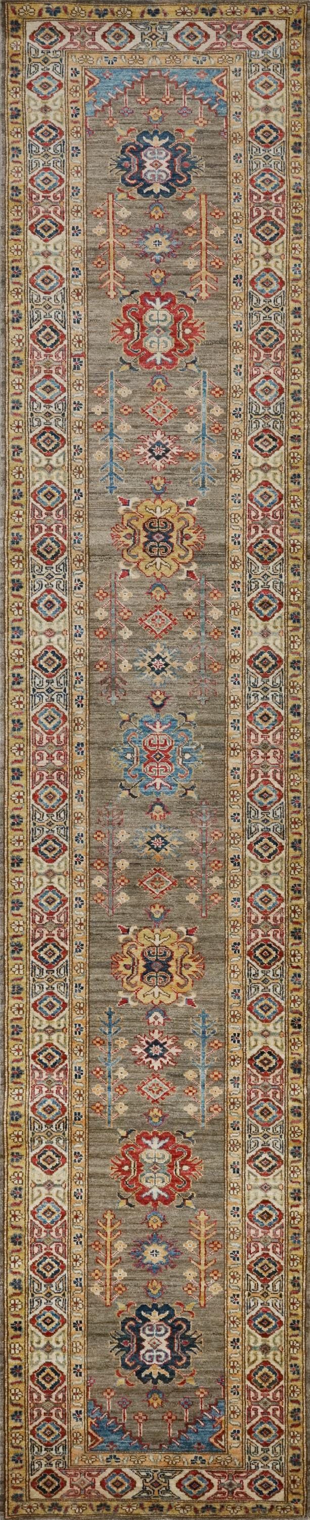 13 Ft Brown Kazak Runner Rug - Hand Knotted Wool Hallway Rug
