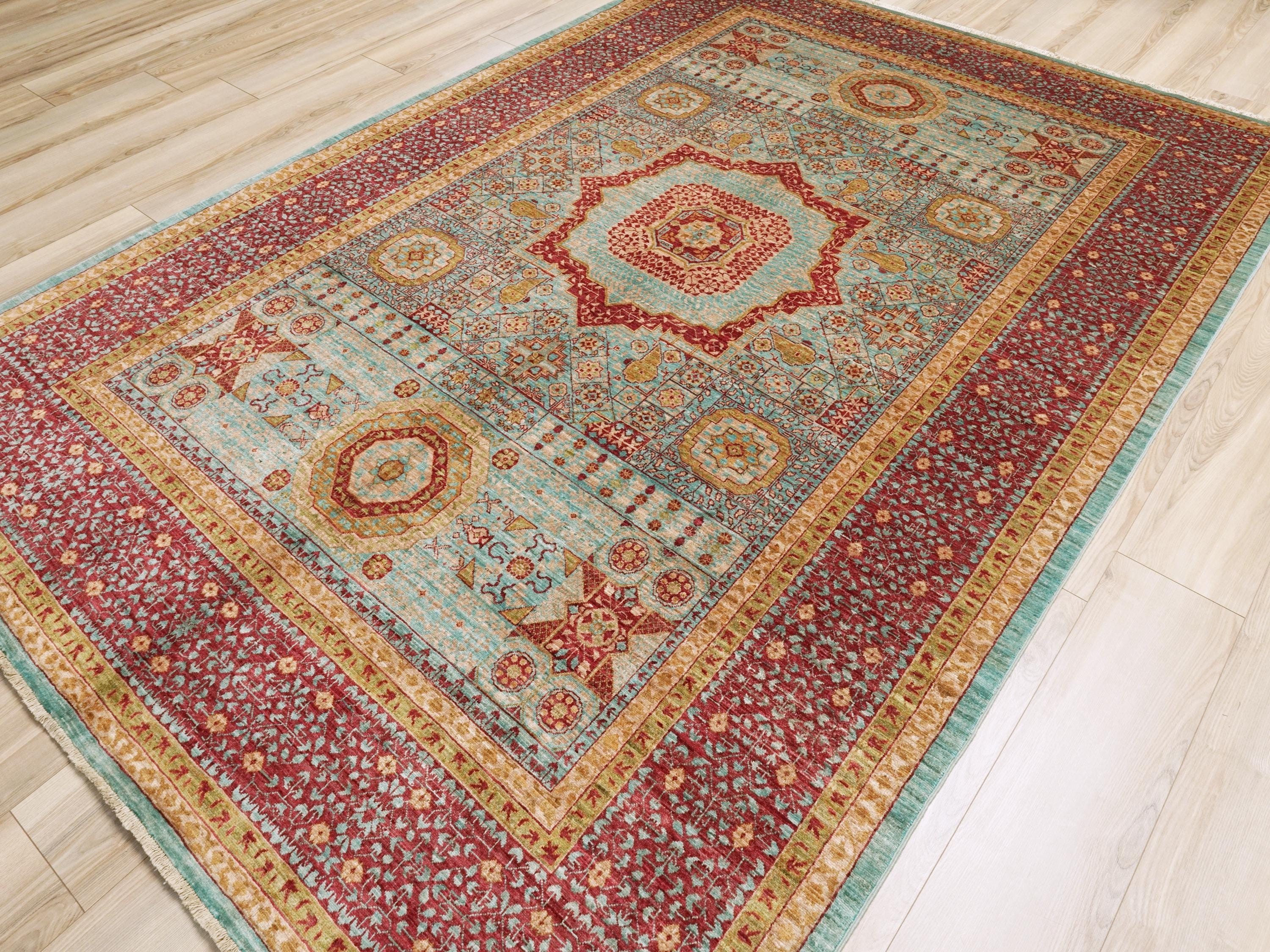 7x10 Ft Blue & Red Mamluk Rug - Afghan Oriental Wool Rug