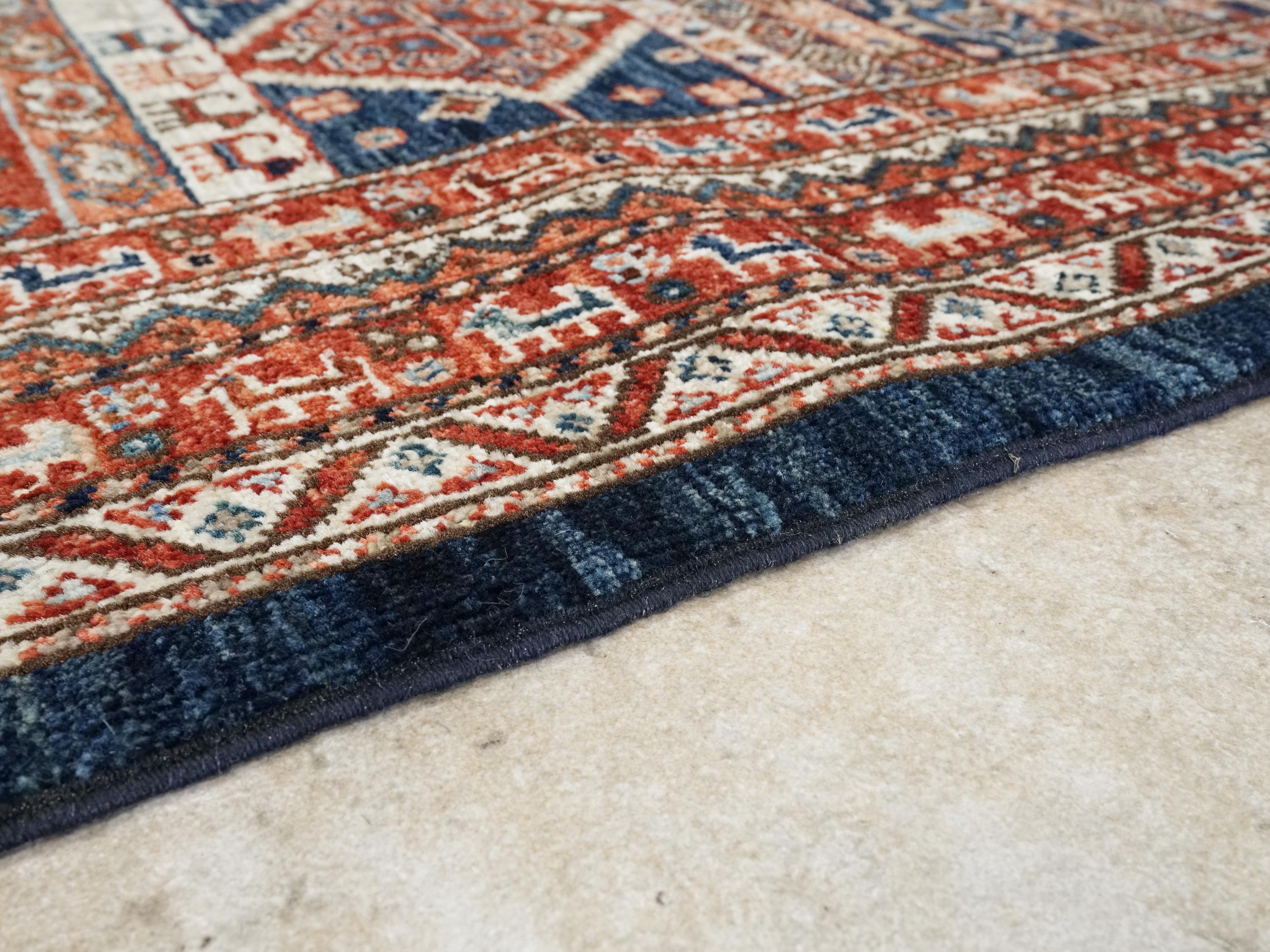5x7 Ft Red & Blue Heriz Rug - Handmade Area Rug - Geometric Design