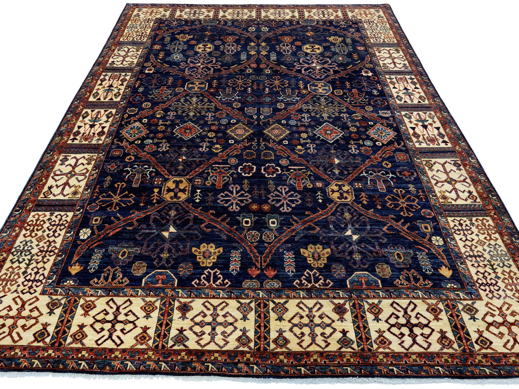 8x10 Ft Blue & Beige Heriz Rug - Hand Knotted Oriental Wool Rug
