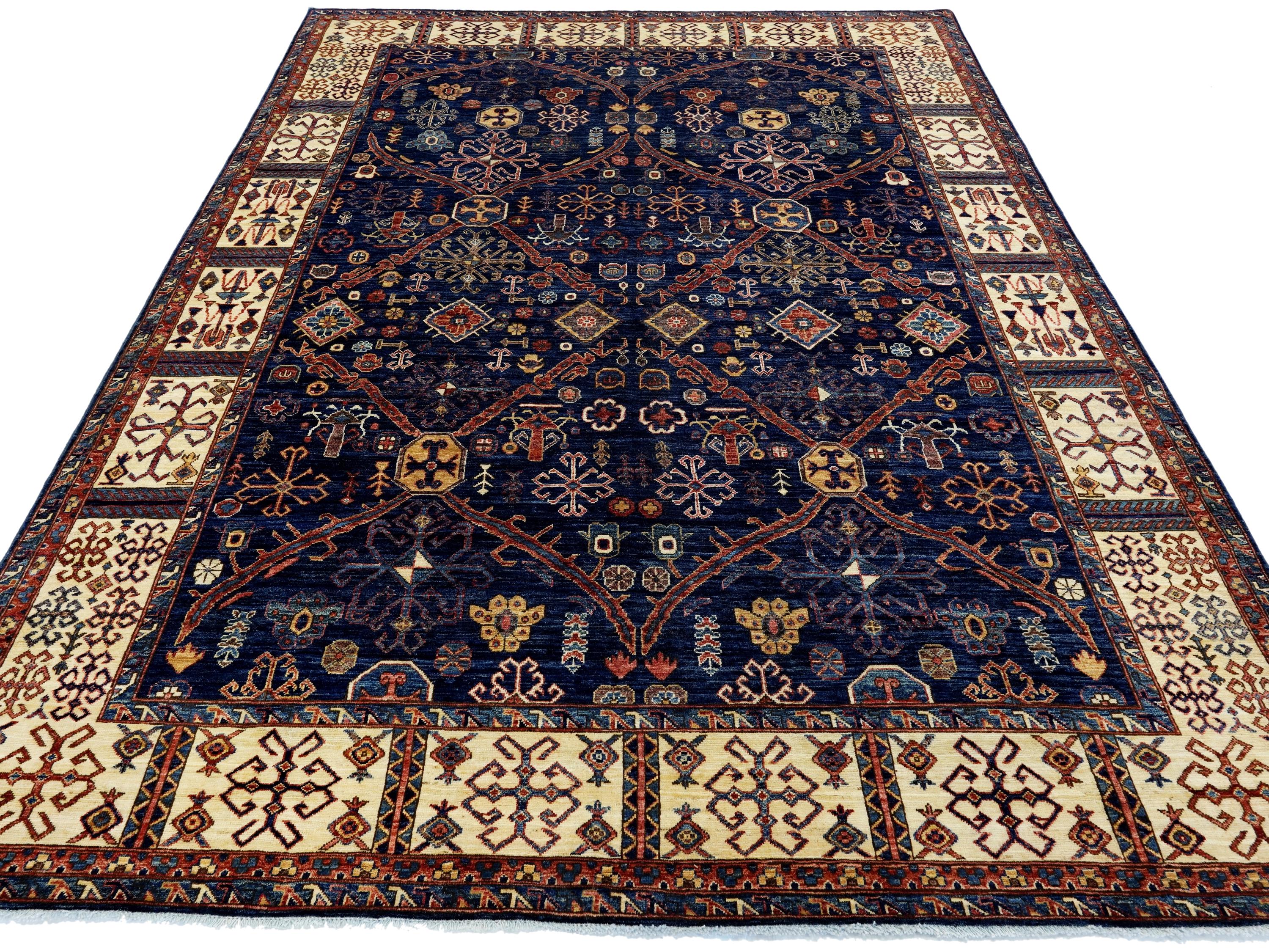 8x10 Ft Blue & Beige Heriz Rug - Hand Knotted Oriental Wool Rug