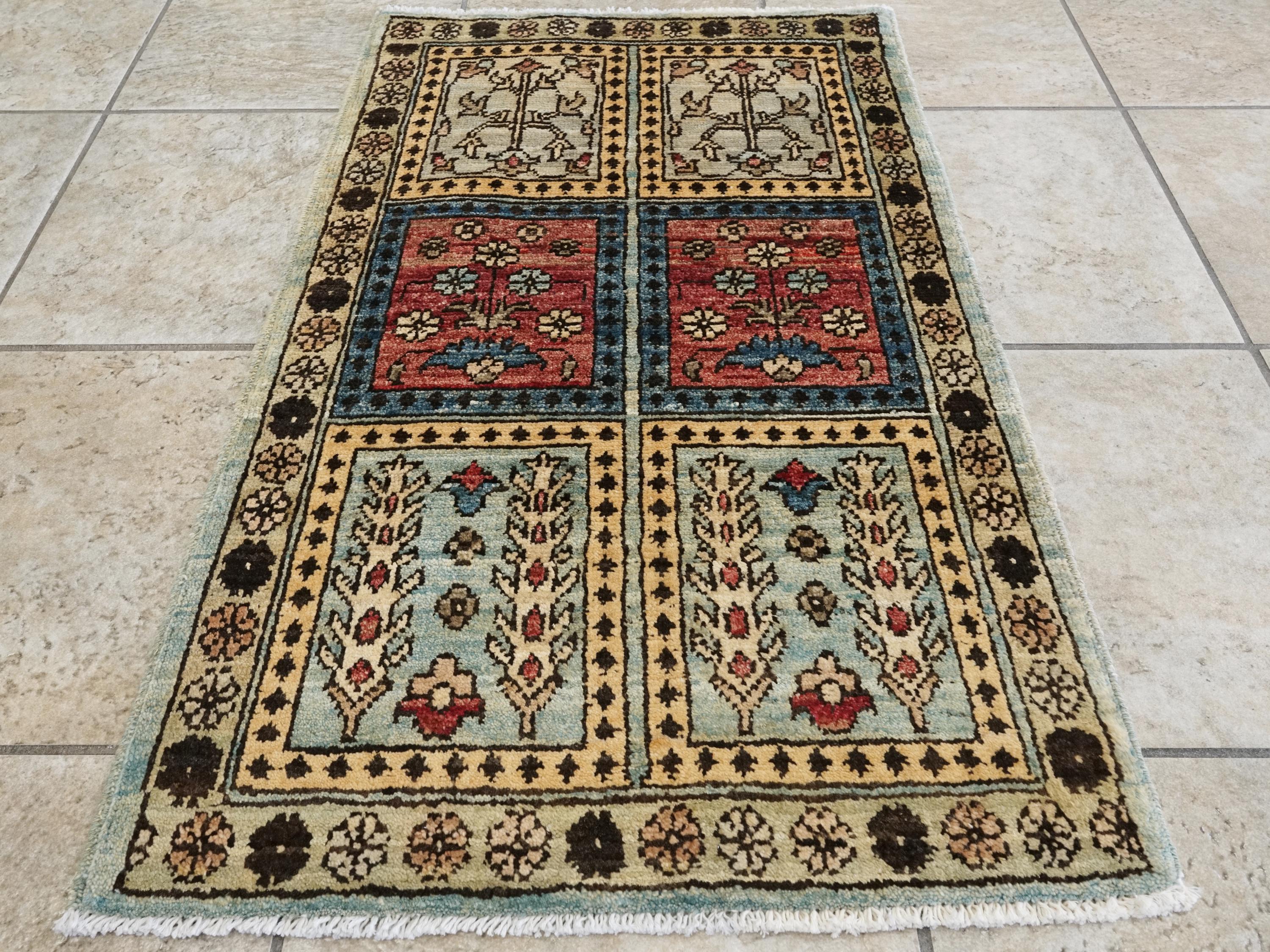 2x3 Ft Hand Knotted Heriz Wool Rug - Yellow & Blue Accent Rug