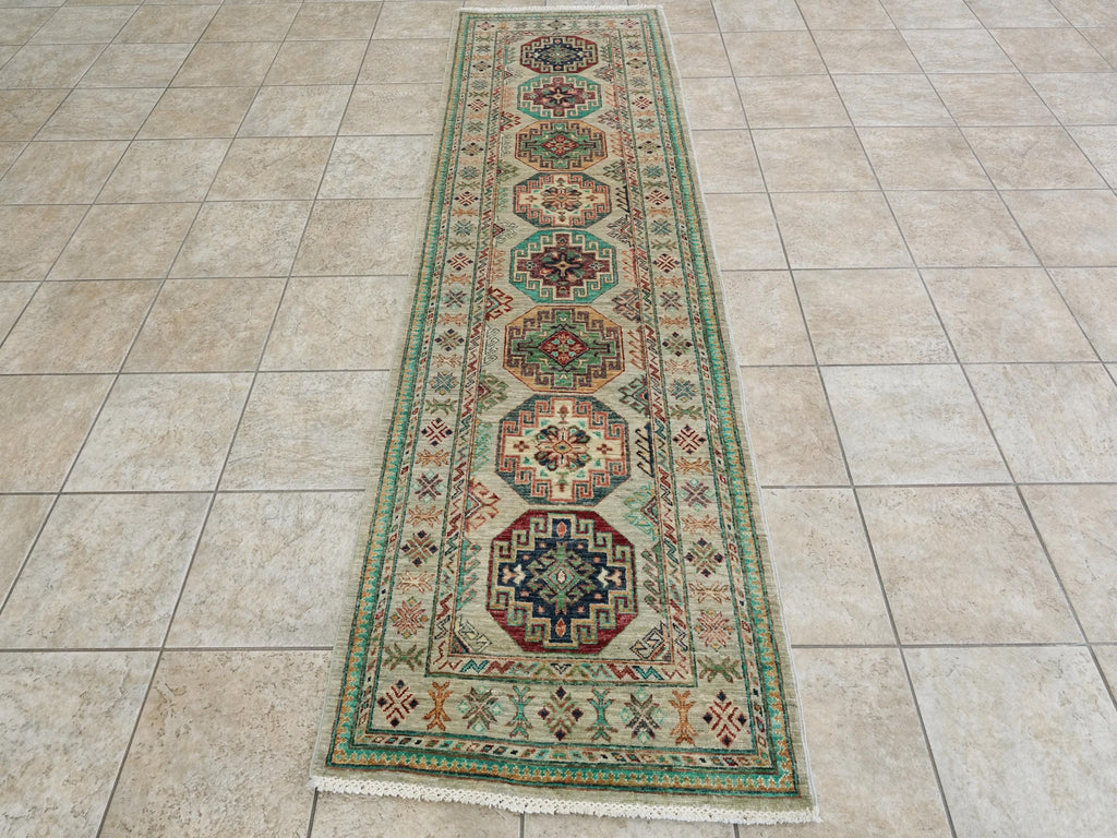 9 Ft Light Green Ersari Runner Rug - Hand Knotted Hallway Rug - Turkmen Design