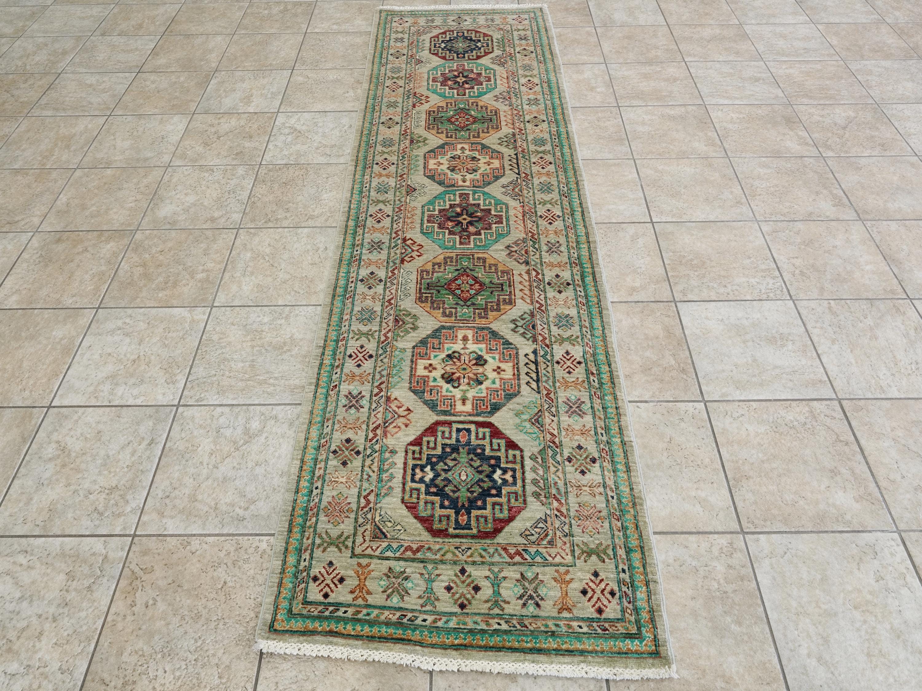 9 Ft Light Green Ersari Runner Rug - Hand Knotted Hallway Rug - Turkmen Design