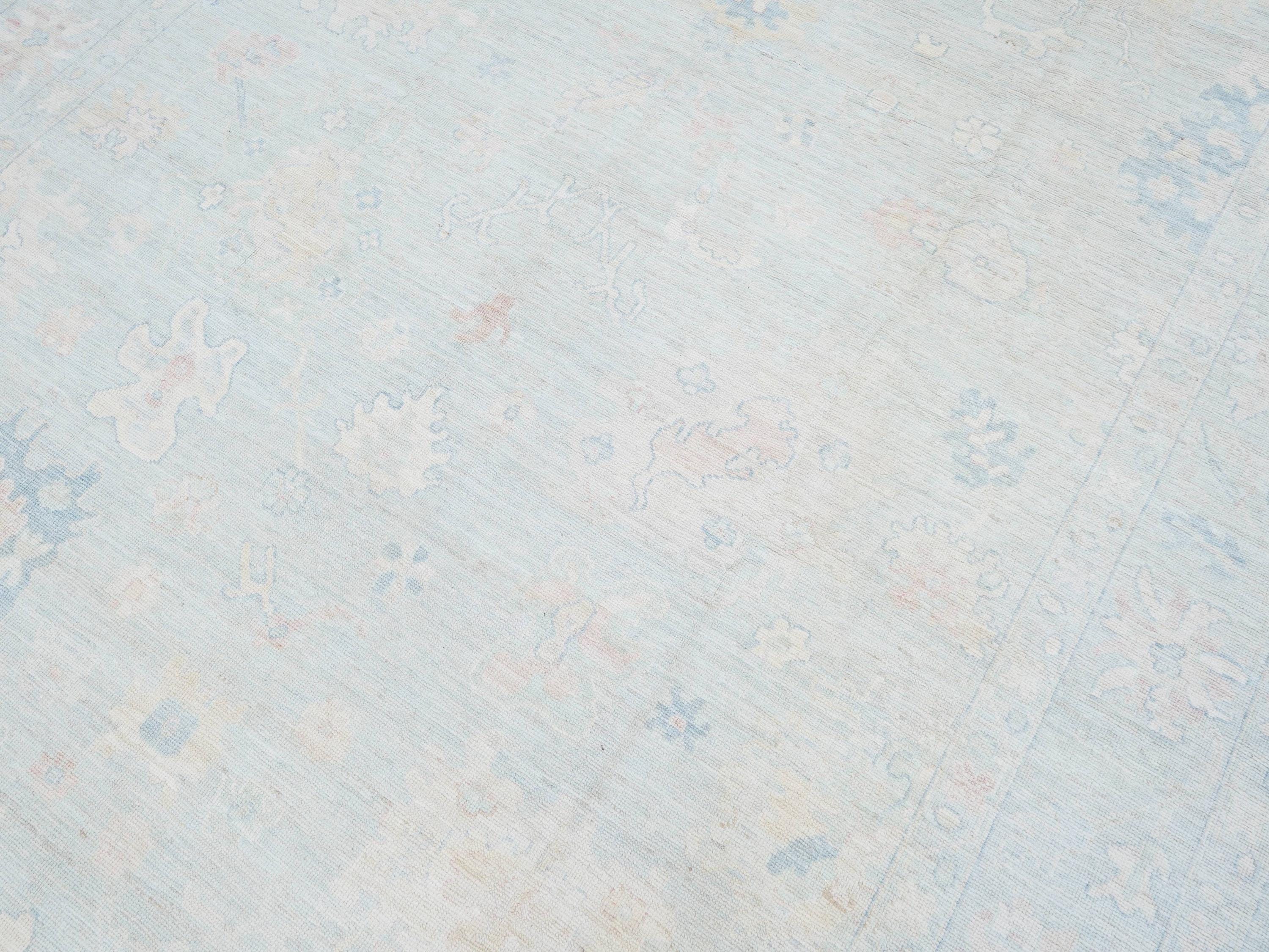 9x12 Ft Light Blue Oushak Rug - Handmade Area Rug - Floral Design