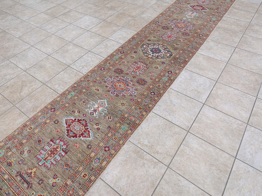 13 Ft Brown Kazak Runner Rug - Hand Knotted Wool Hallway Rug