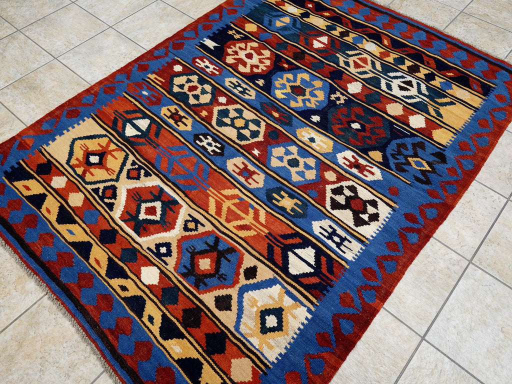 5x7 Ft Blue & Red Kilim Rug - Handwoven Afghan Flat Weave - Tribal Design