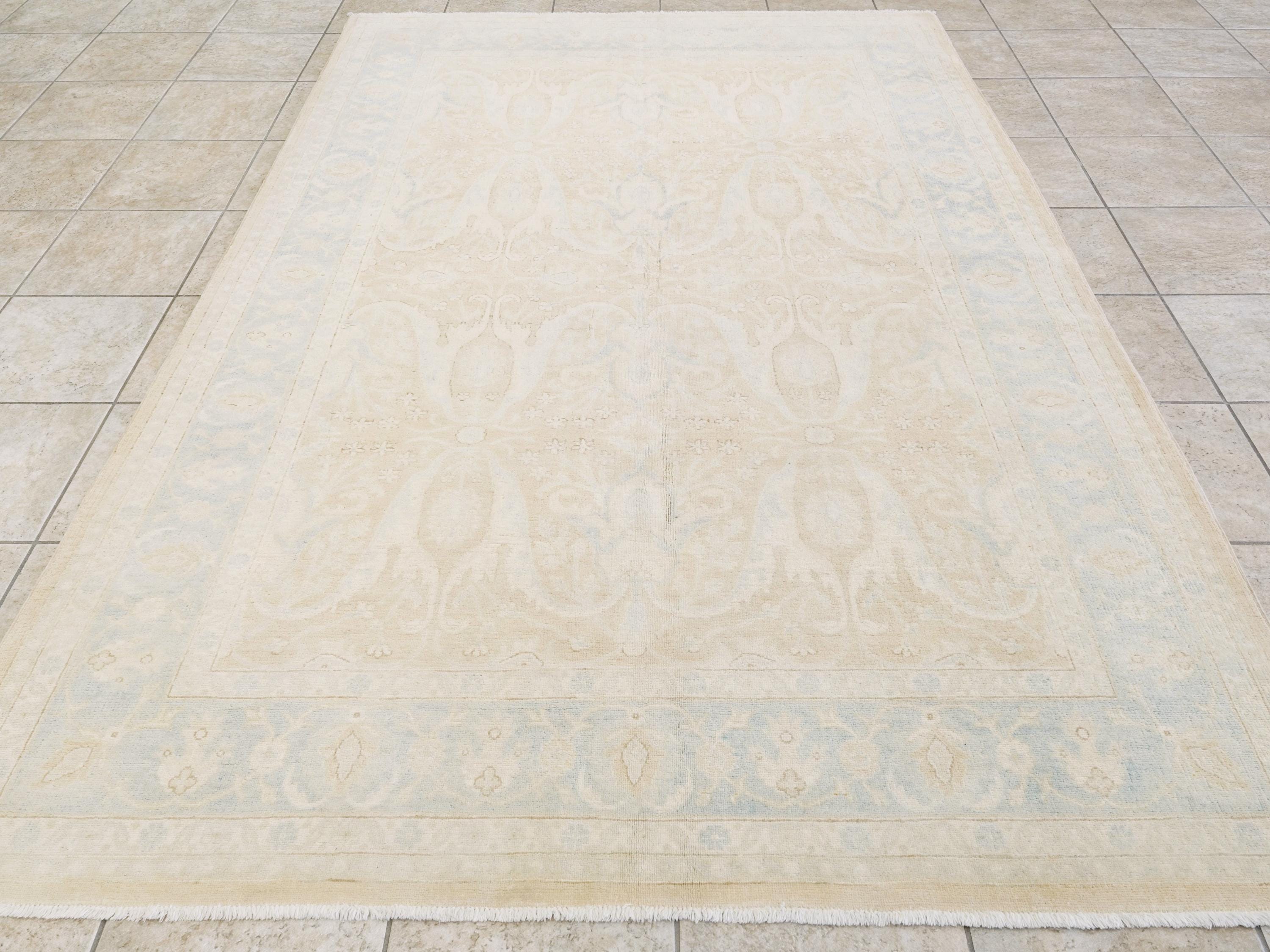 6x9 Ft Hand Knotted Bidjar Rug - Beige & Blue Persian Design