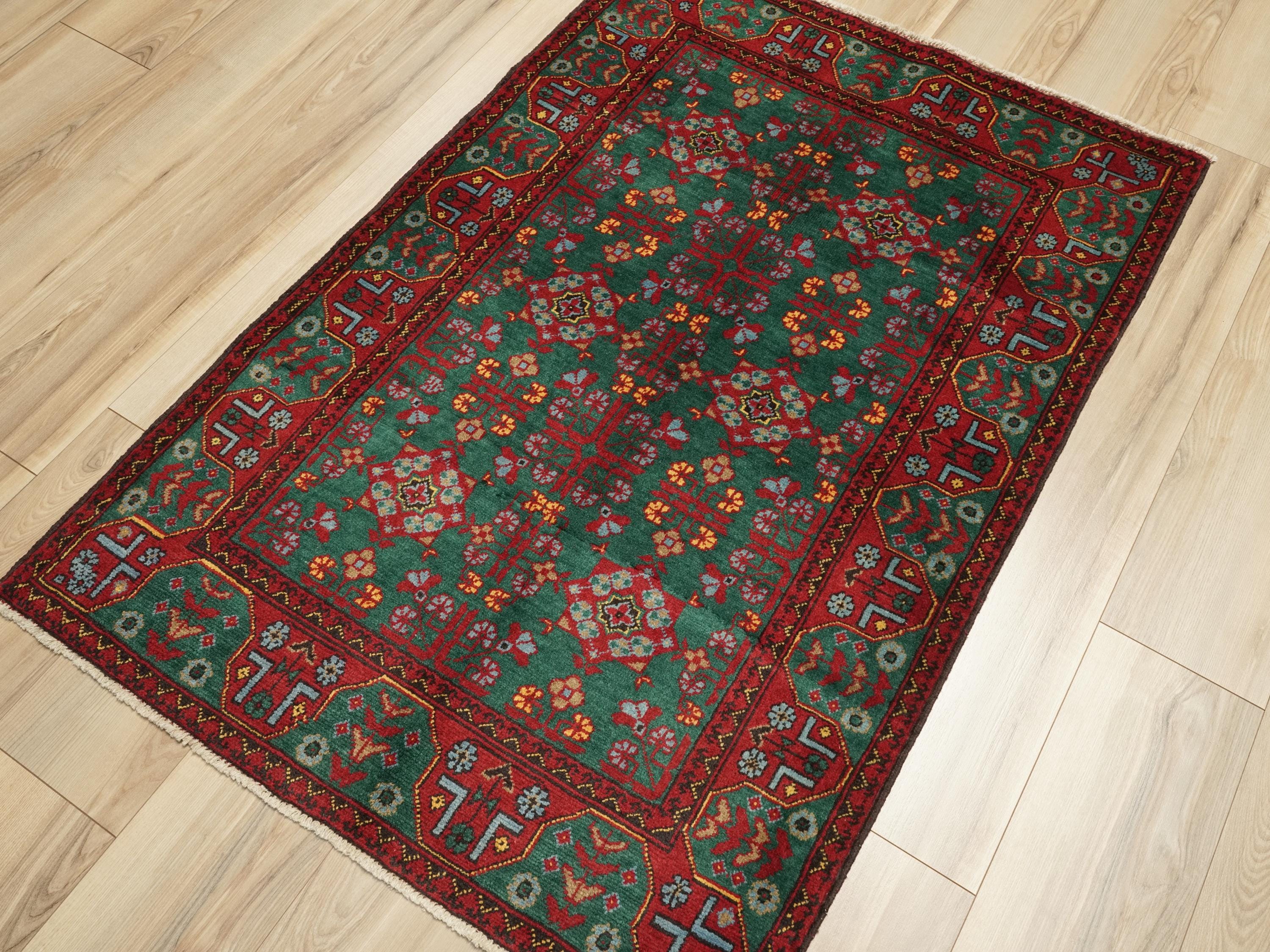 3x5 Ft Green & Red Ersari Rug - Afghan Wool Rug - Turkmen Design