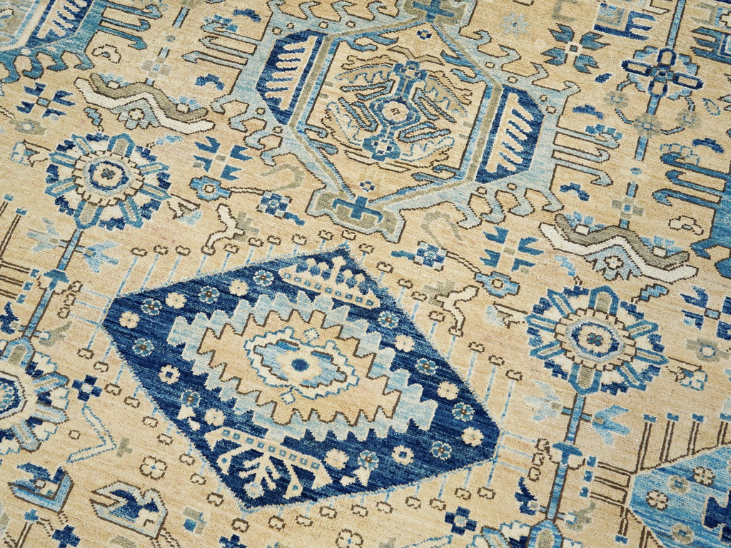 10x14 Ft Beige & Blue Heriz Rug - Hand Knotted Antique Rug
