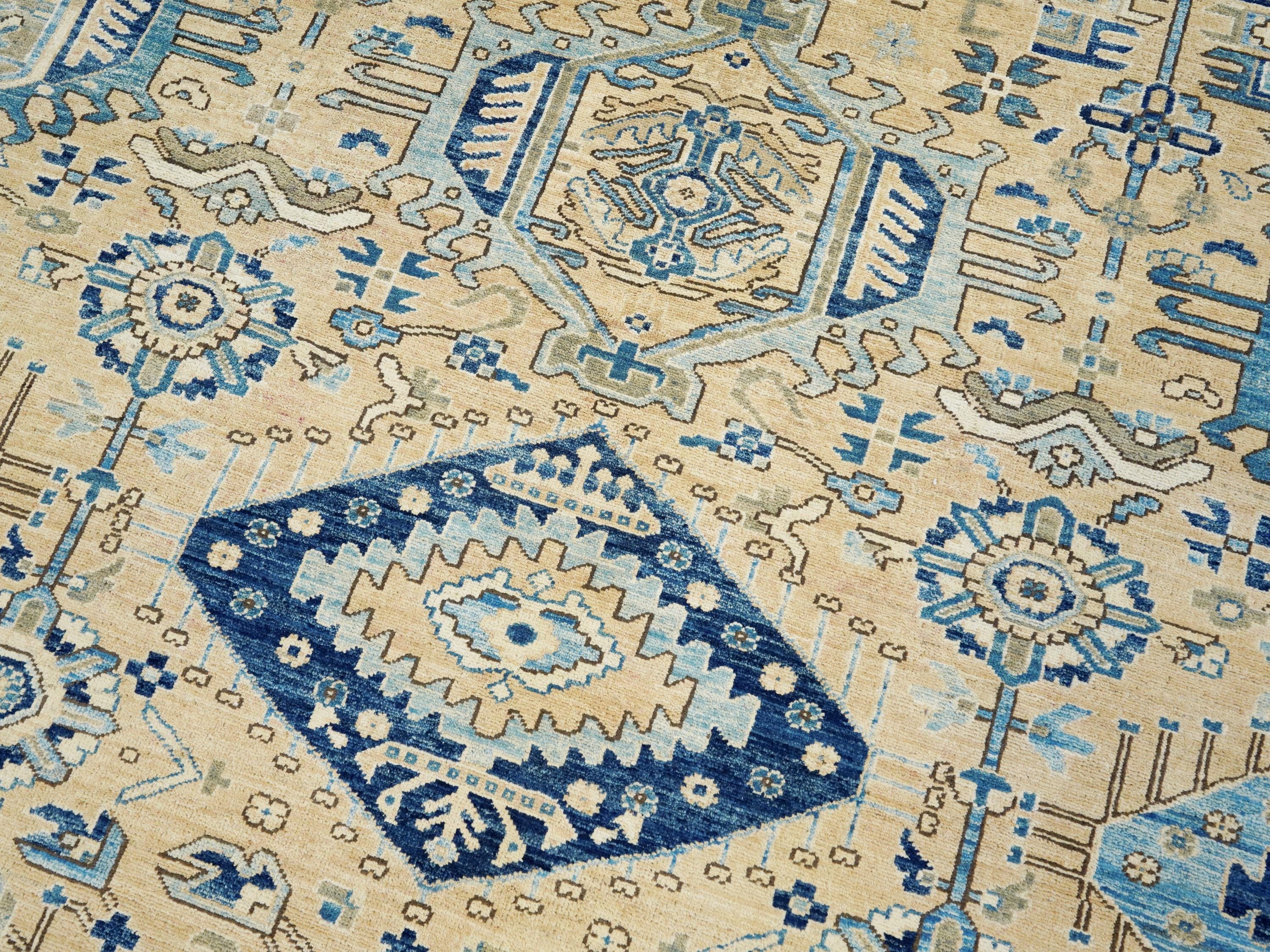 10x14 Ft Beige & Blue Heriz Rug - Hand Knotted Antique Rug