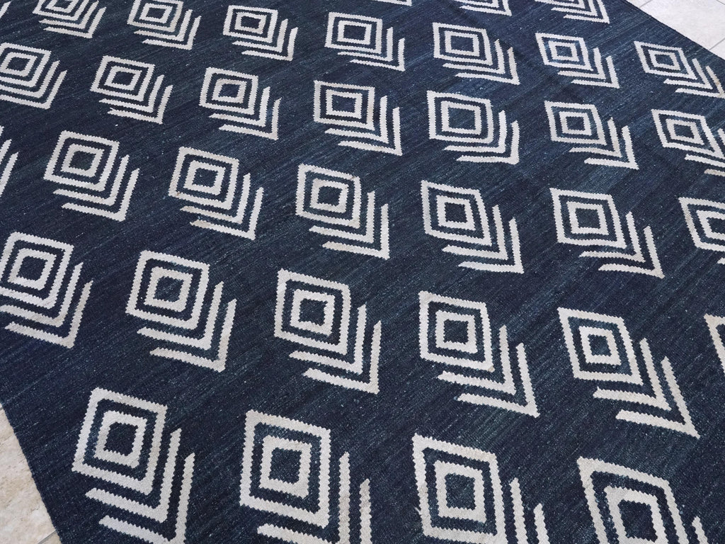 8x10 Ft Dark Blue Kilim Rug - Flat Weave Area Rug - Abstract Design