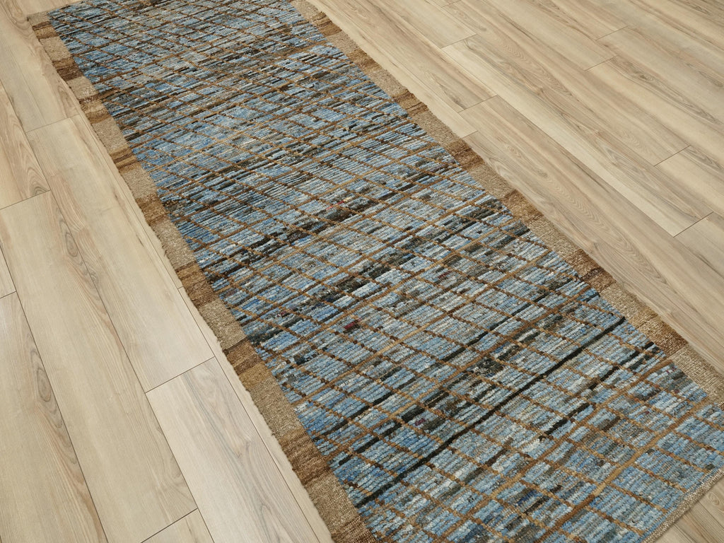 10 Ft Brown & Blue Moroccan Wool Runner Rug: Afghan Handmade Rug