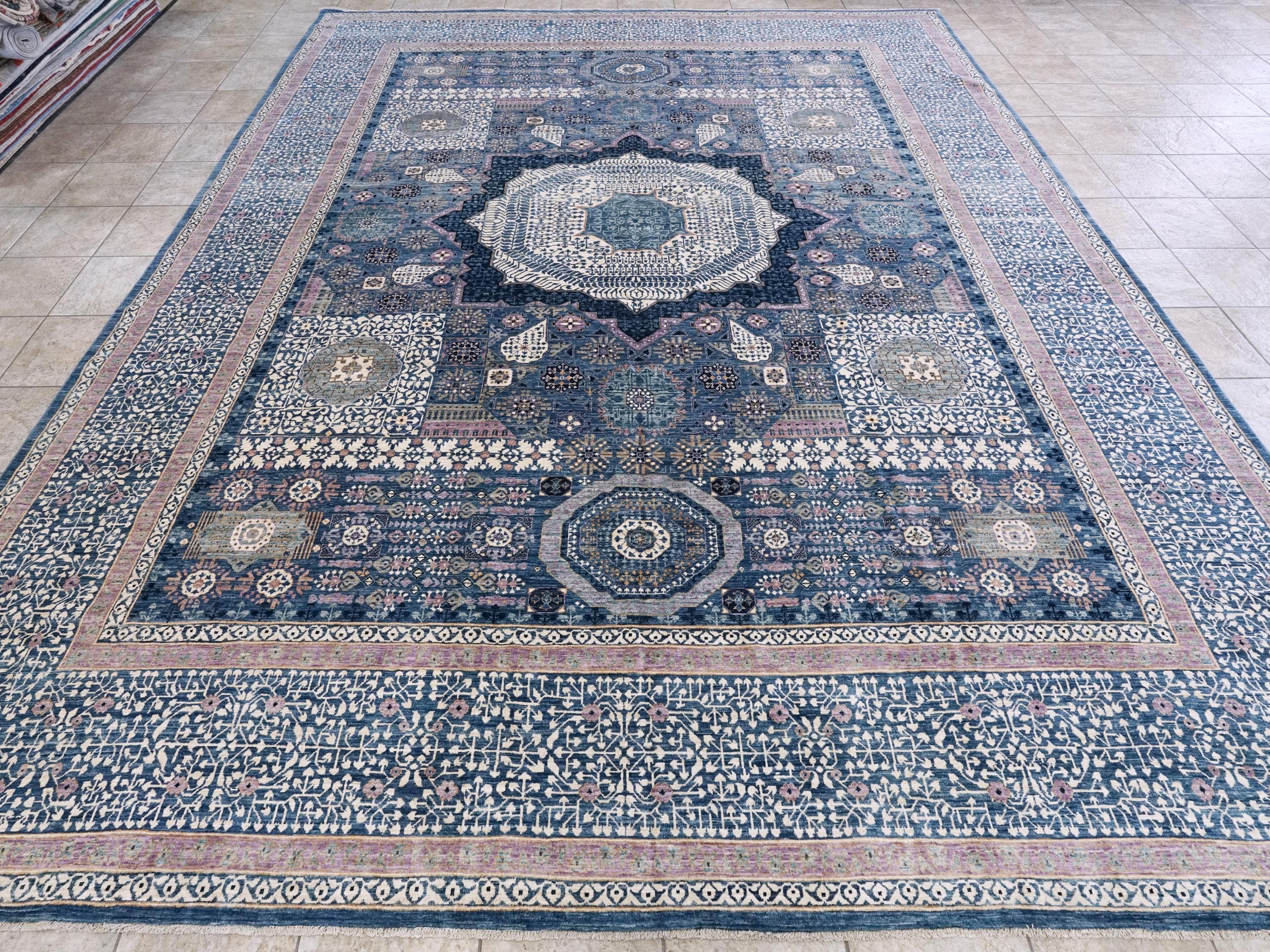 12x15 Ft Blue Mamluk Rug - Hand Knotted Area Rug - Oversize