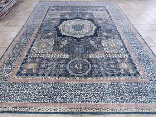 12x15 Ft Blue Mamluk Rug - Hand Knotted Area Rug - Oversize