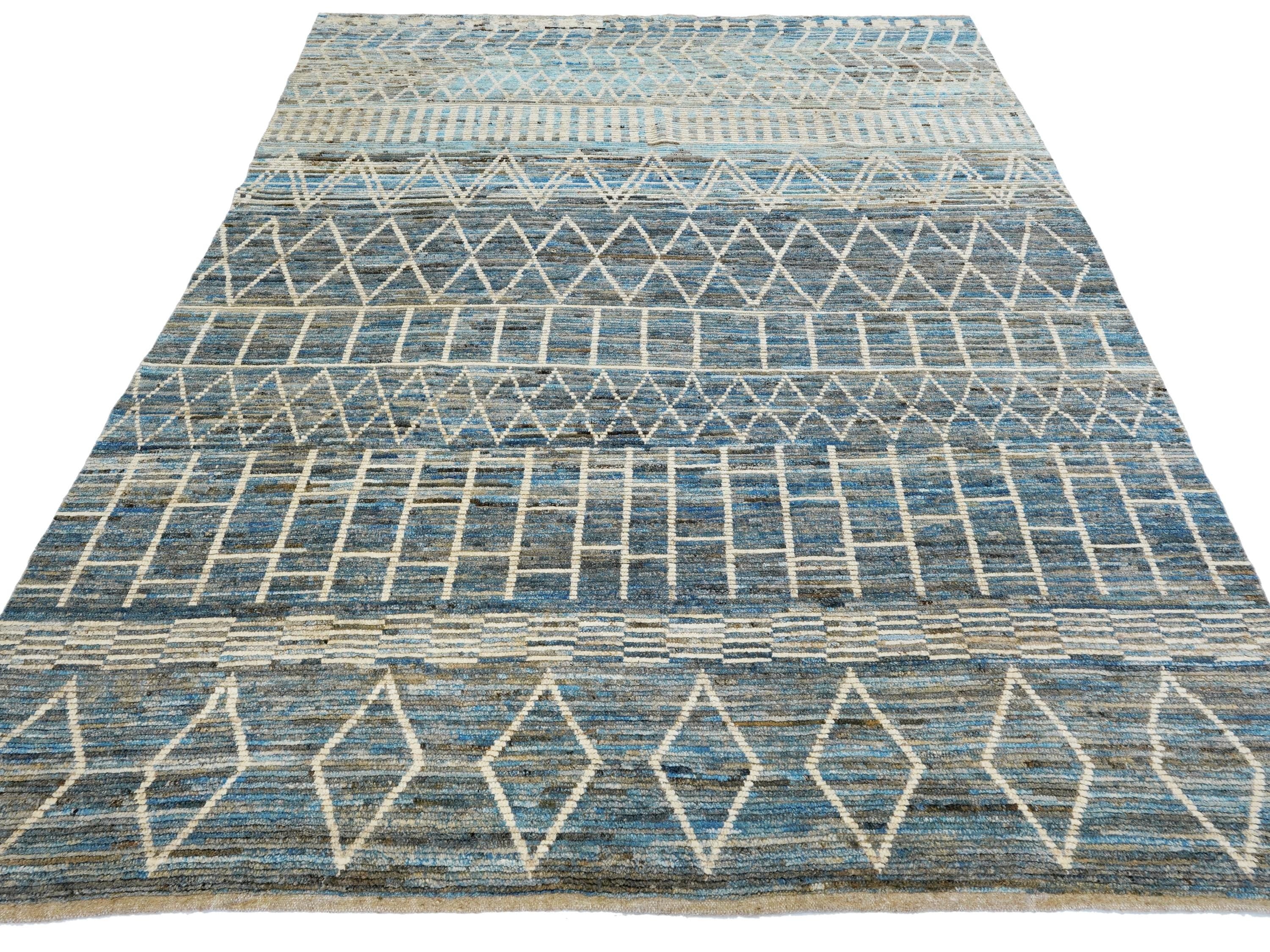 8x10 Ft Blue & White Moroccan Rug - Hand Knotted Wool Area Rug