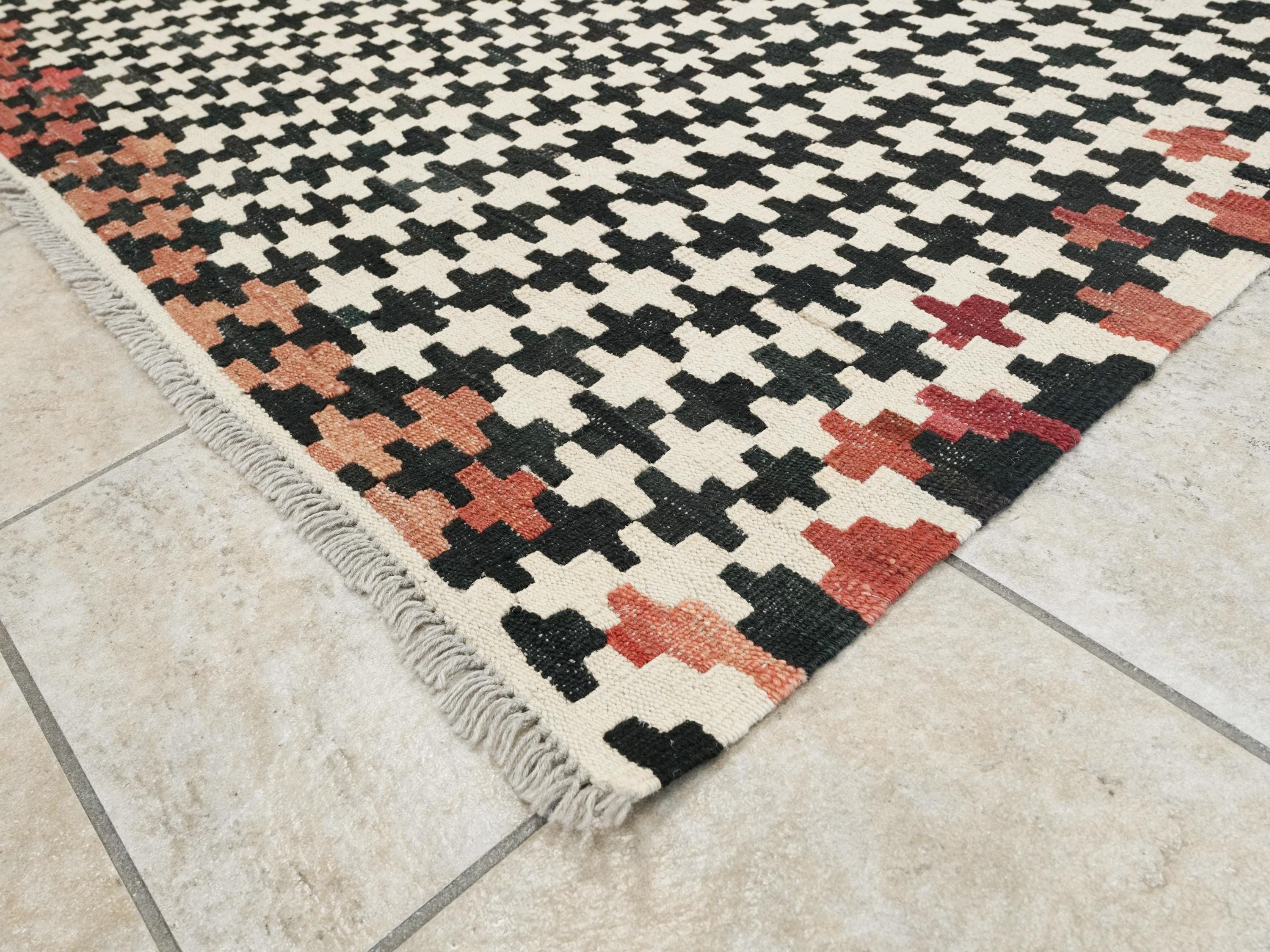 10x13 Ft Black & Beige Kilim Rug - Handmade Afghan Flatweave