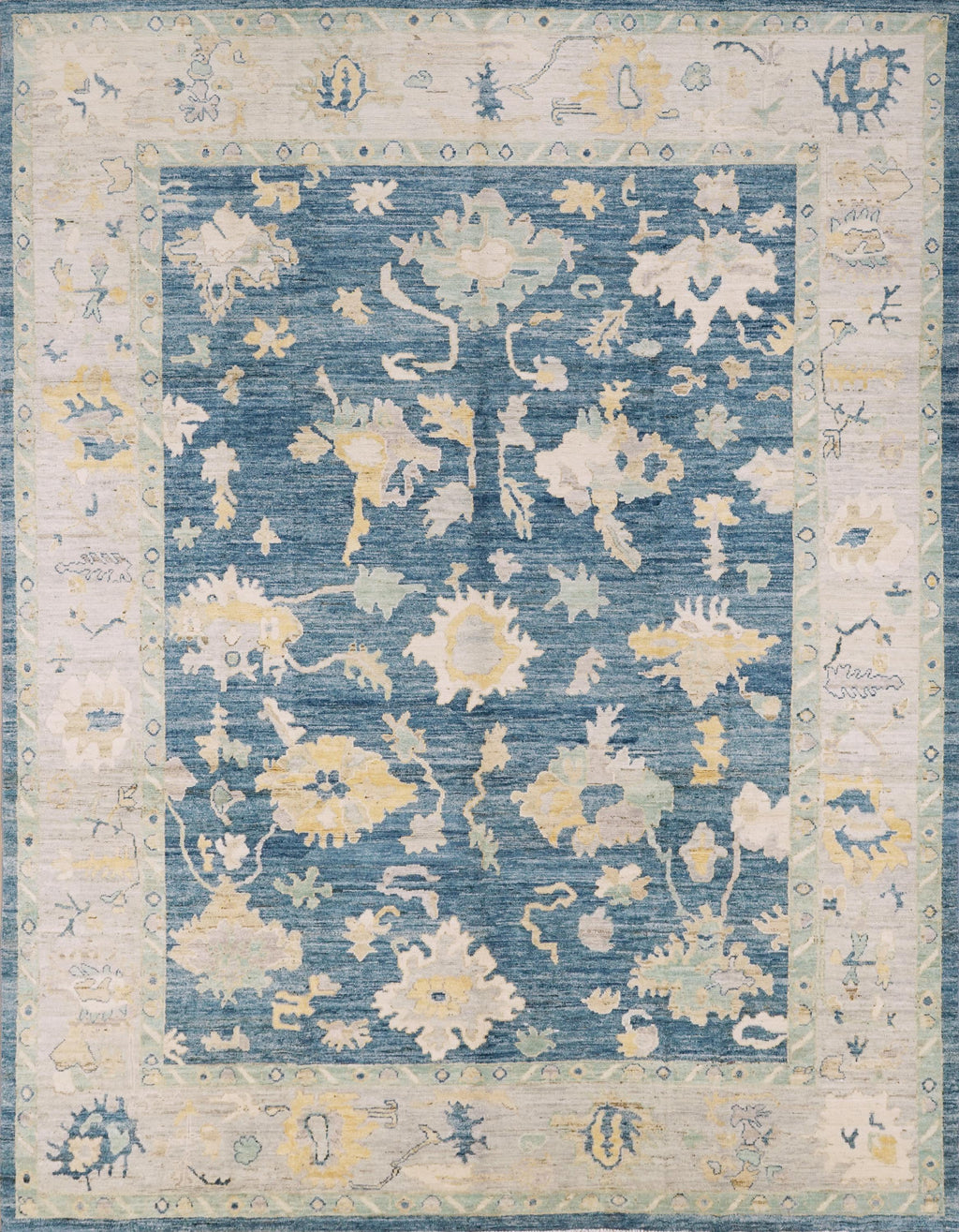 9x12 Ft Hand Knotted Oushak Rug - Blue Handmade Area Rug - Floral Design