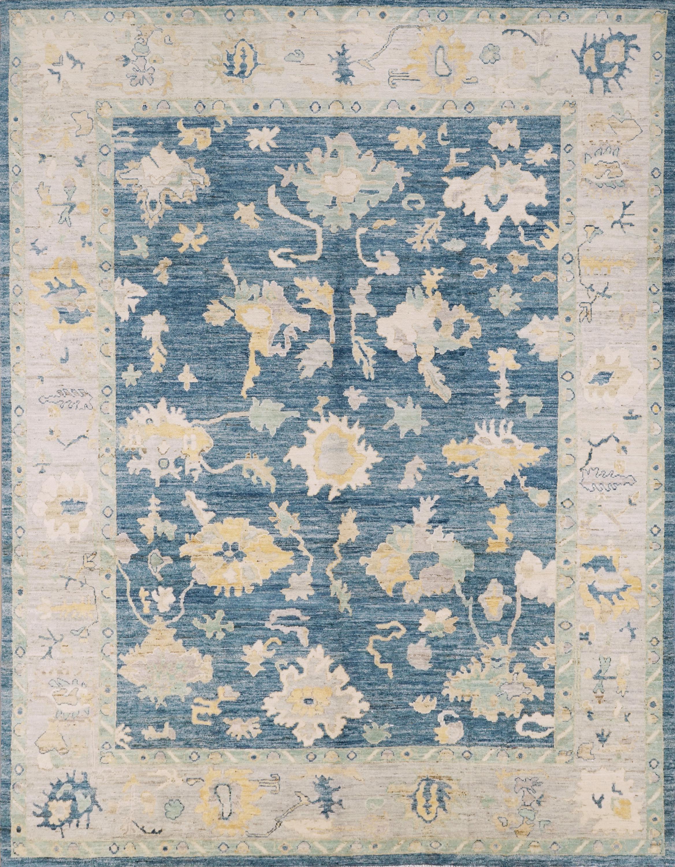 9x12 Ft Hand Knotted Oushak Rug - Blue Handmade Area Rug - Floral Design