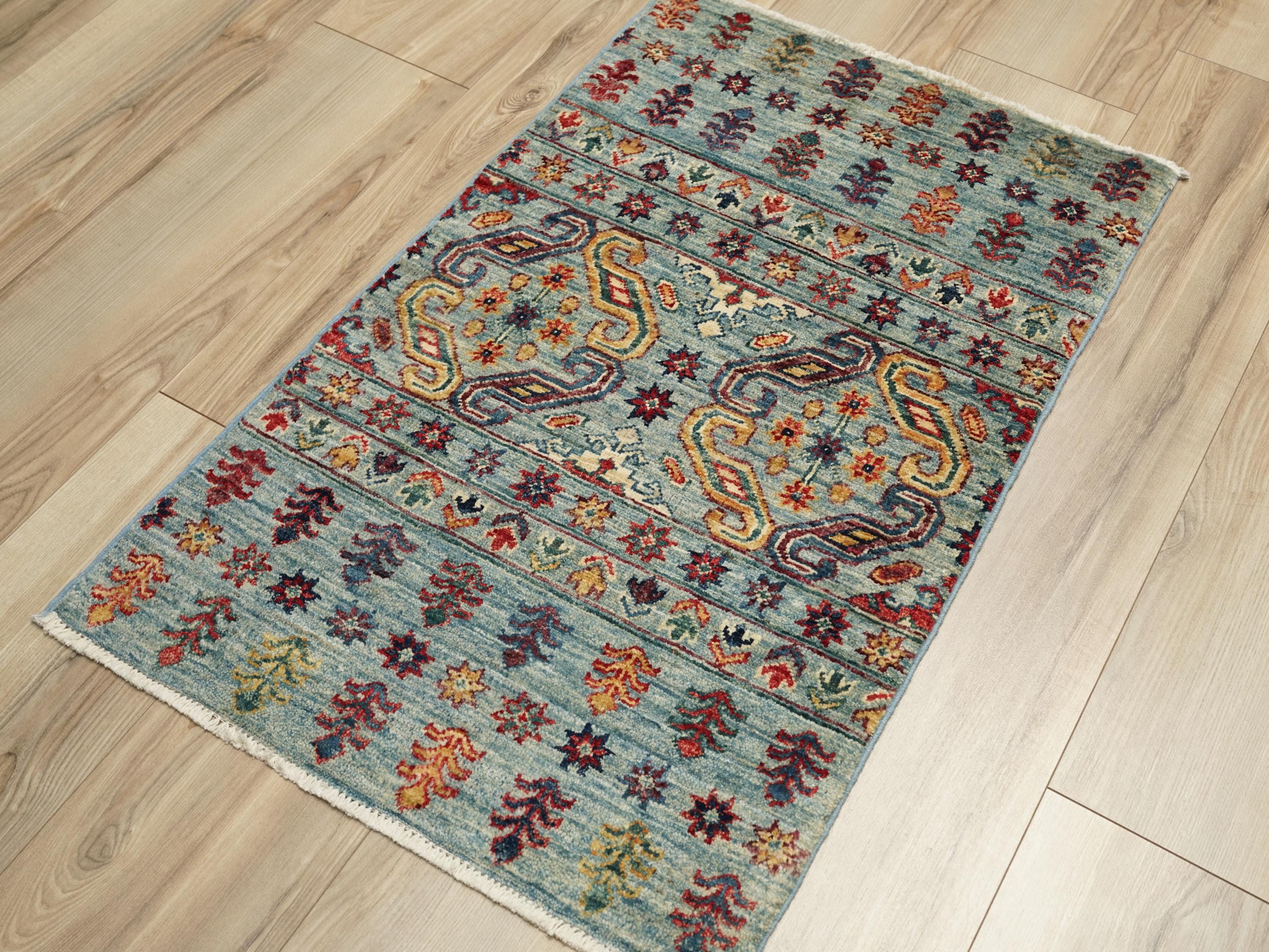2x3 Ft Handmade Light Blue Khorjin Rug - Afghan Wool Rug
