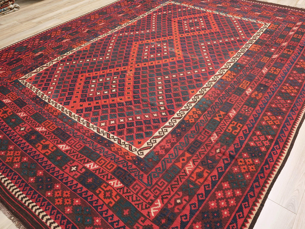 10x14 Ft Dark Red Maimana Kilim Rug - Vintage Afghan Flat Weave