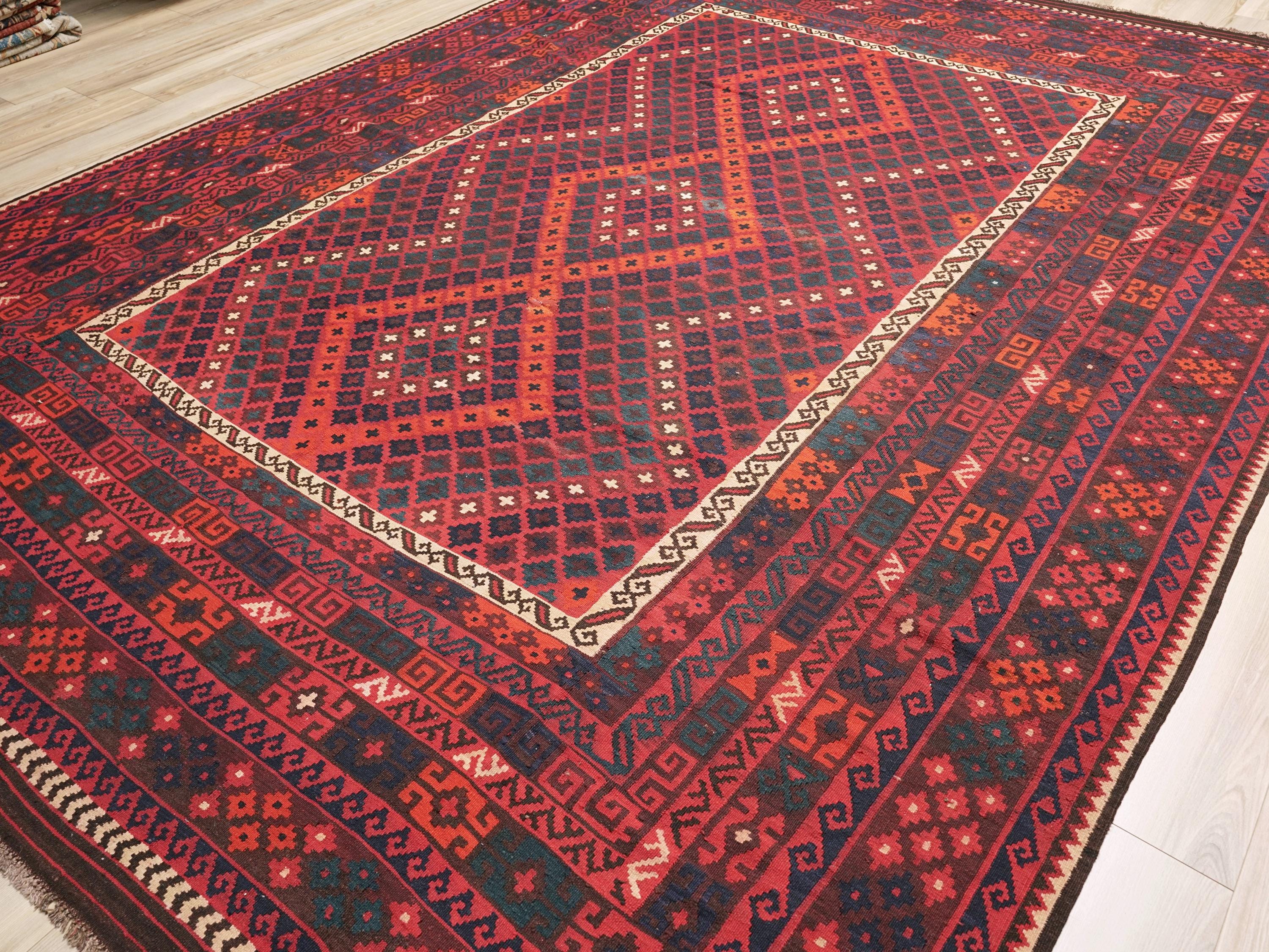 10x14 Ft Dark Red Maimana Kilim Rug - Vintage Afghan Flat Weave