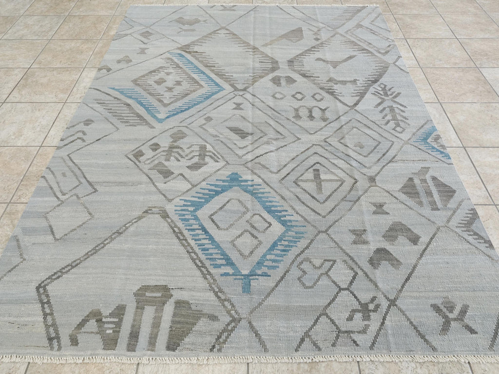 6x8 Ft Gray Kilim Rug - Handwoven Flat Weave