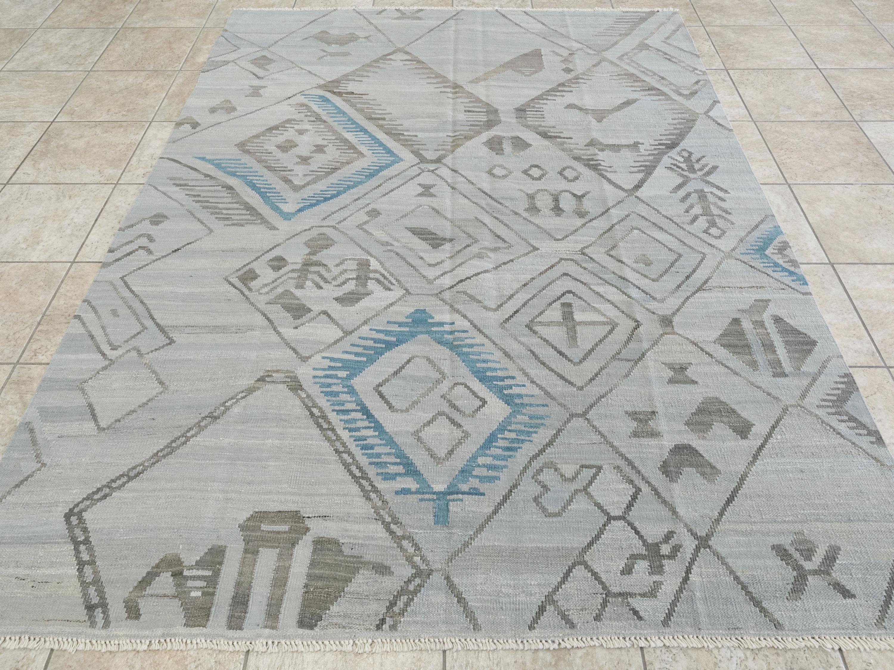 6x8 Ft Gray Kilim Rug - Handwoven Flat Weave