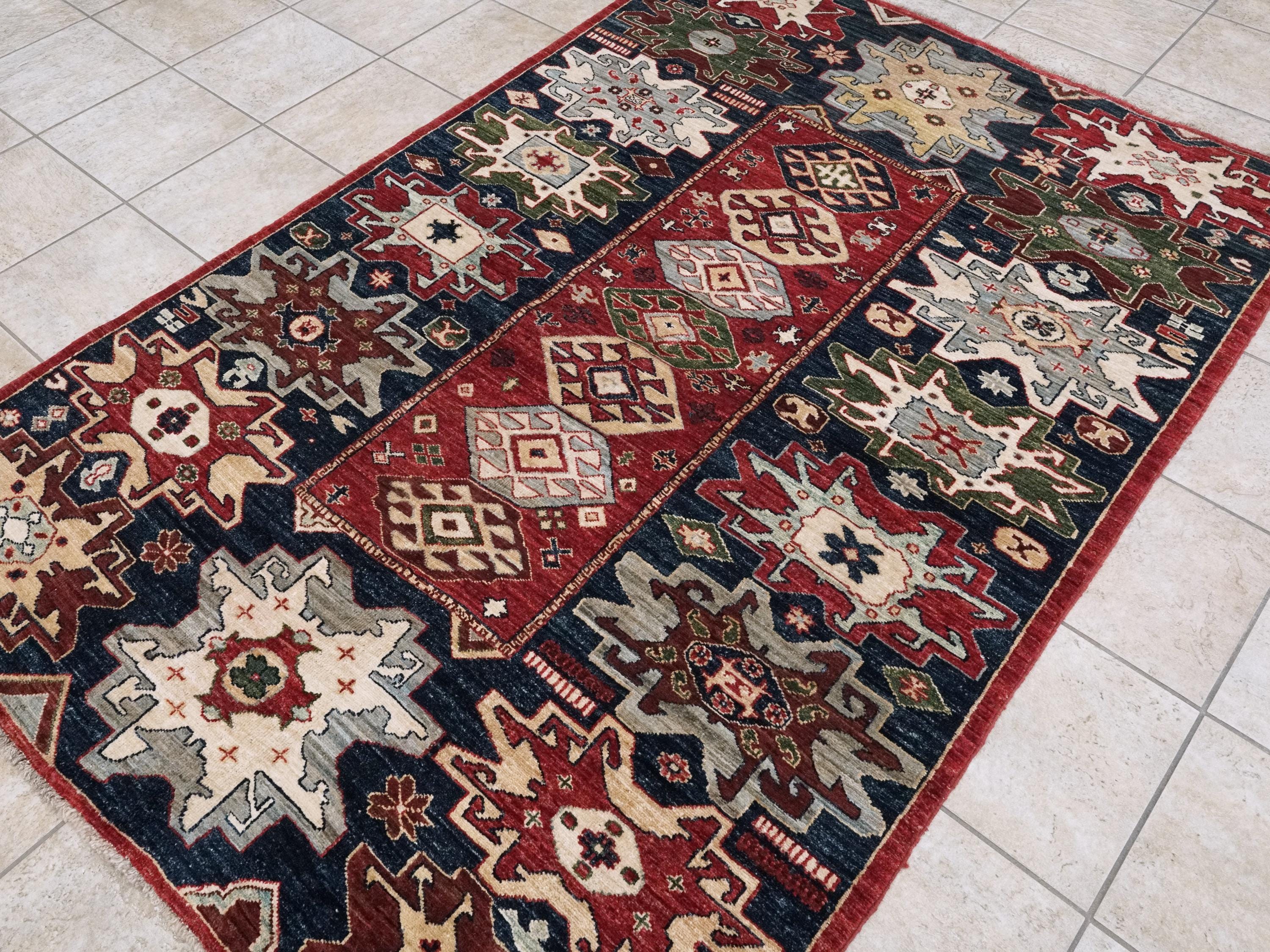 5x8 Ft Red & Blue Sarkisla Rug - Hand Knotted Wool Area Rug - Persian Design